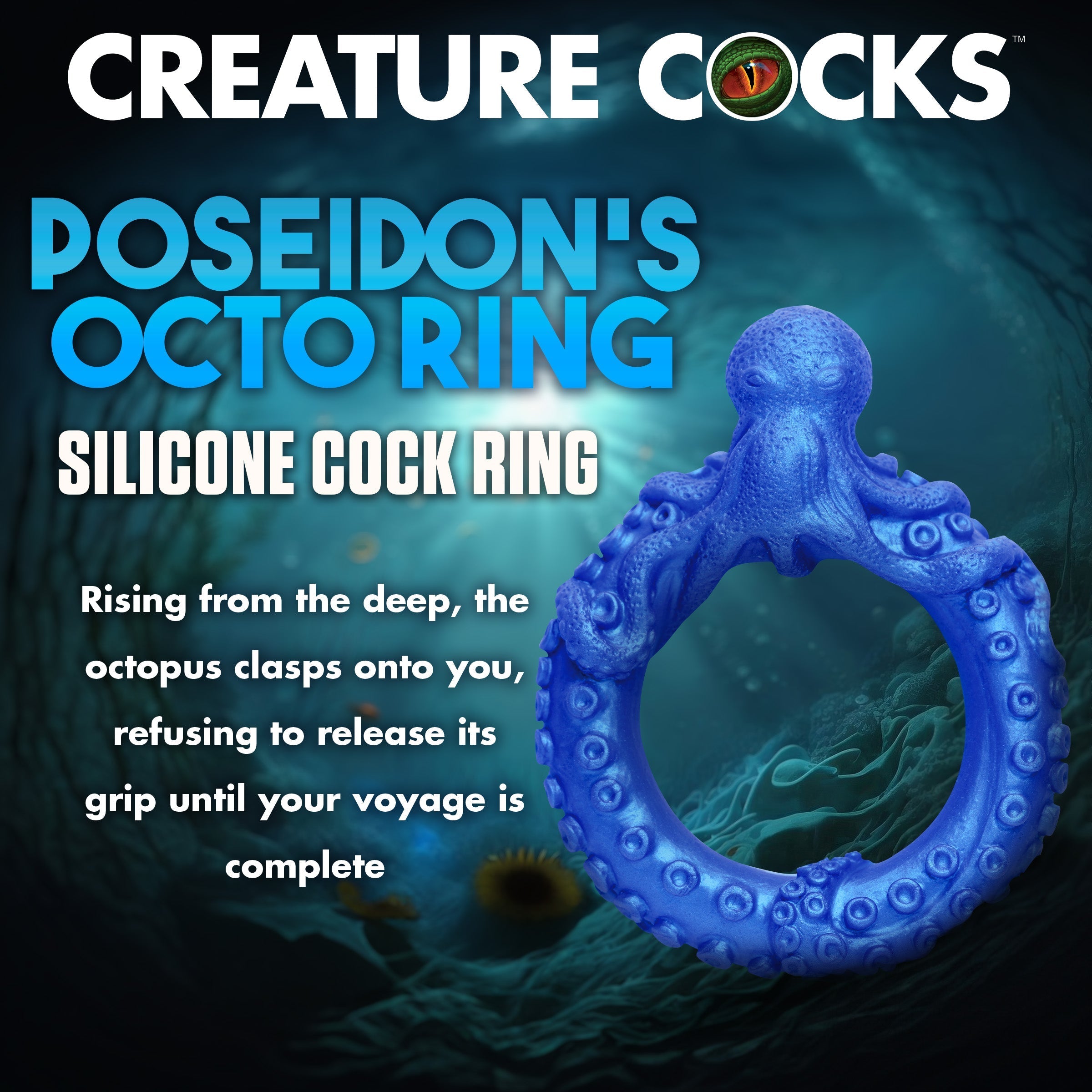 Poseidon's Octo-ring in blue with engraved 'Poseidon's Octo Silicone Cock Ring' text