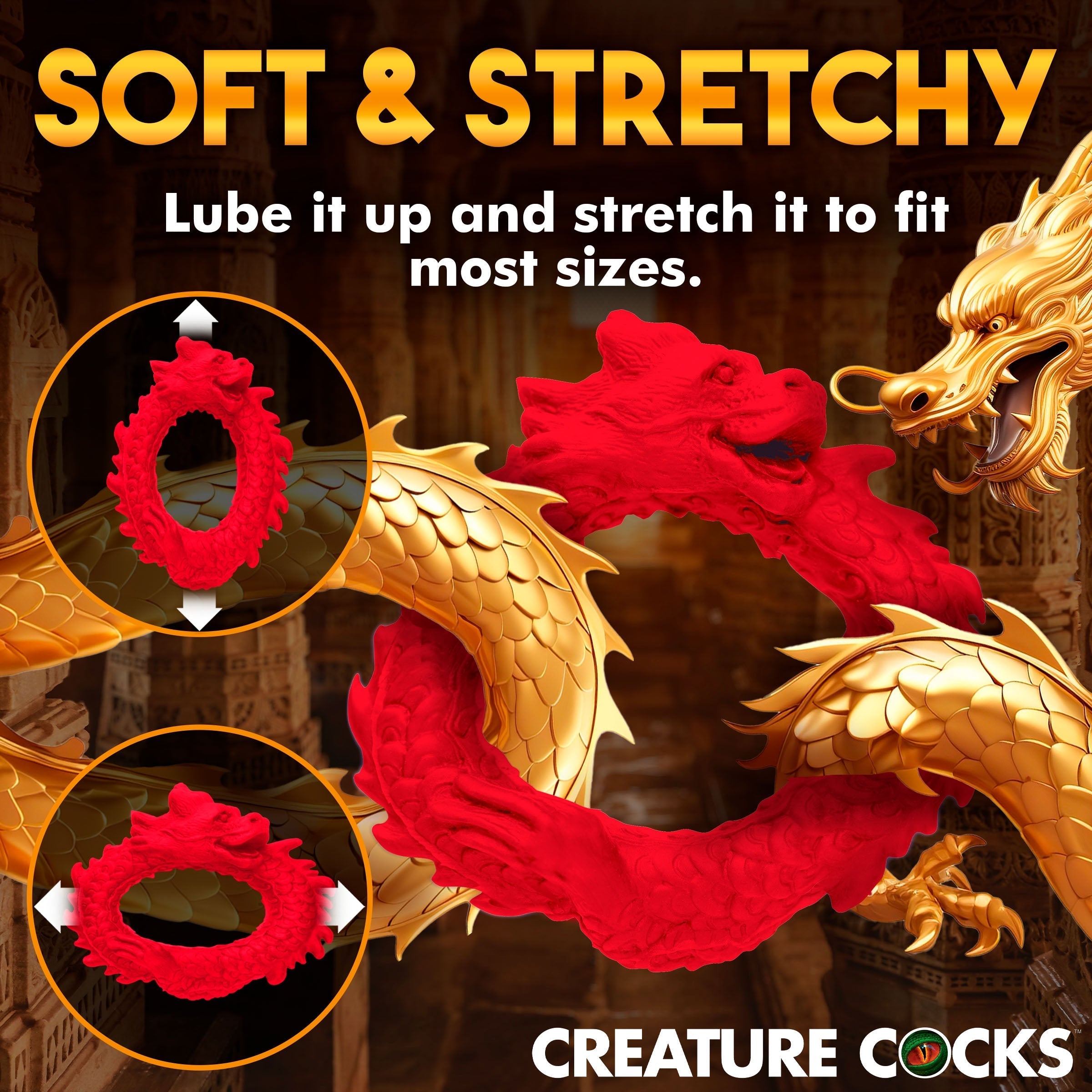 Dragon-shaped silicone cock ring with red and gold accents