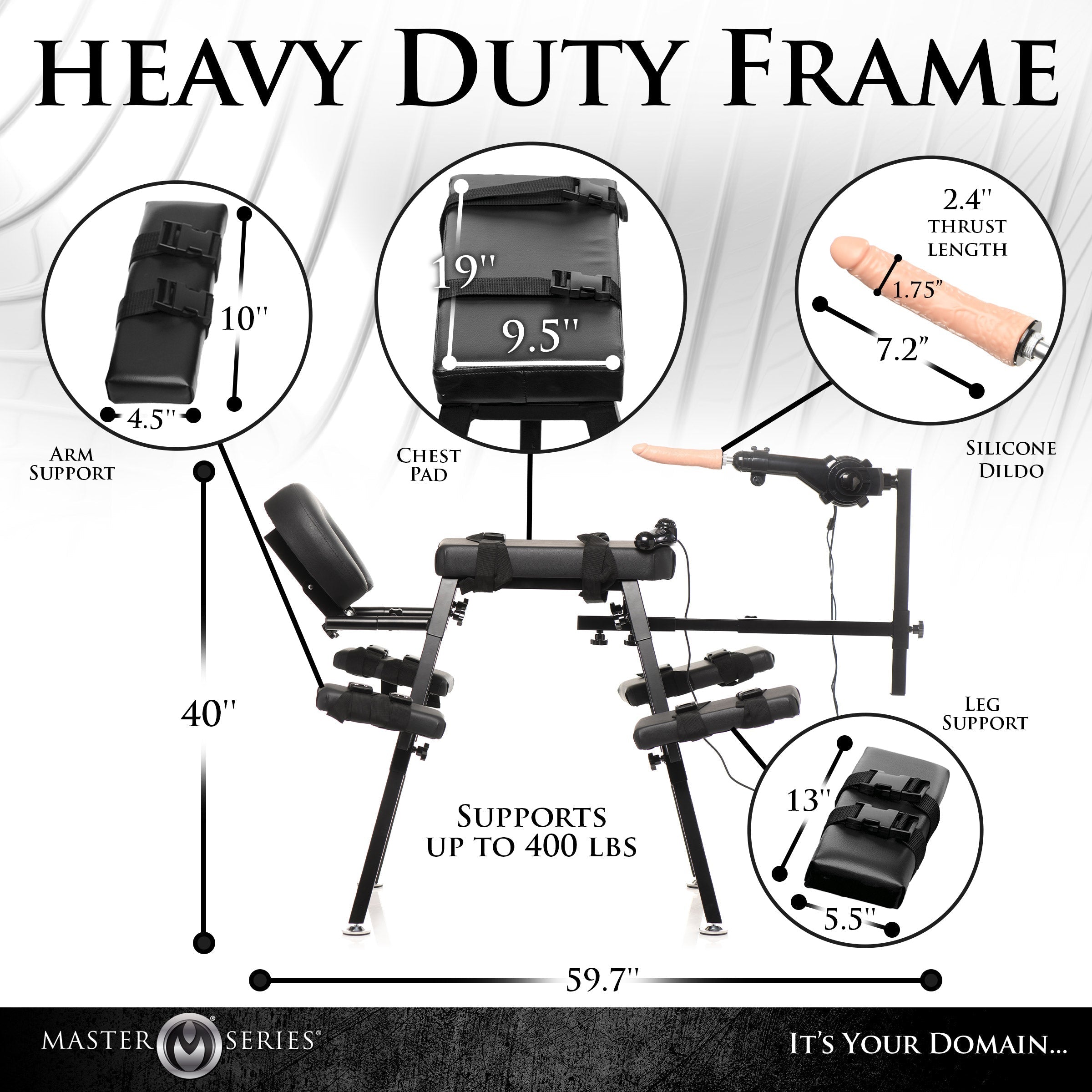 Detailed view of the Obedience Chair's sturdy frame with height and leg adjustability features