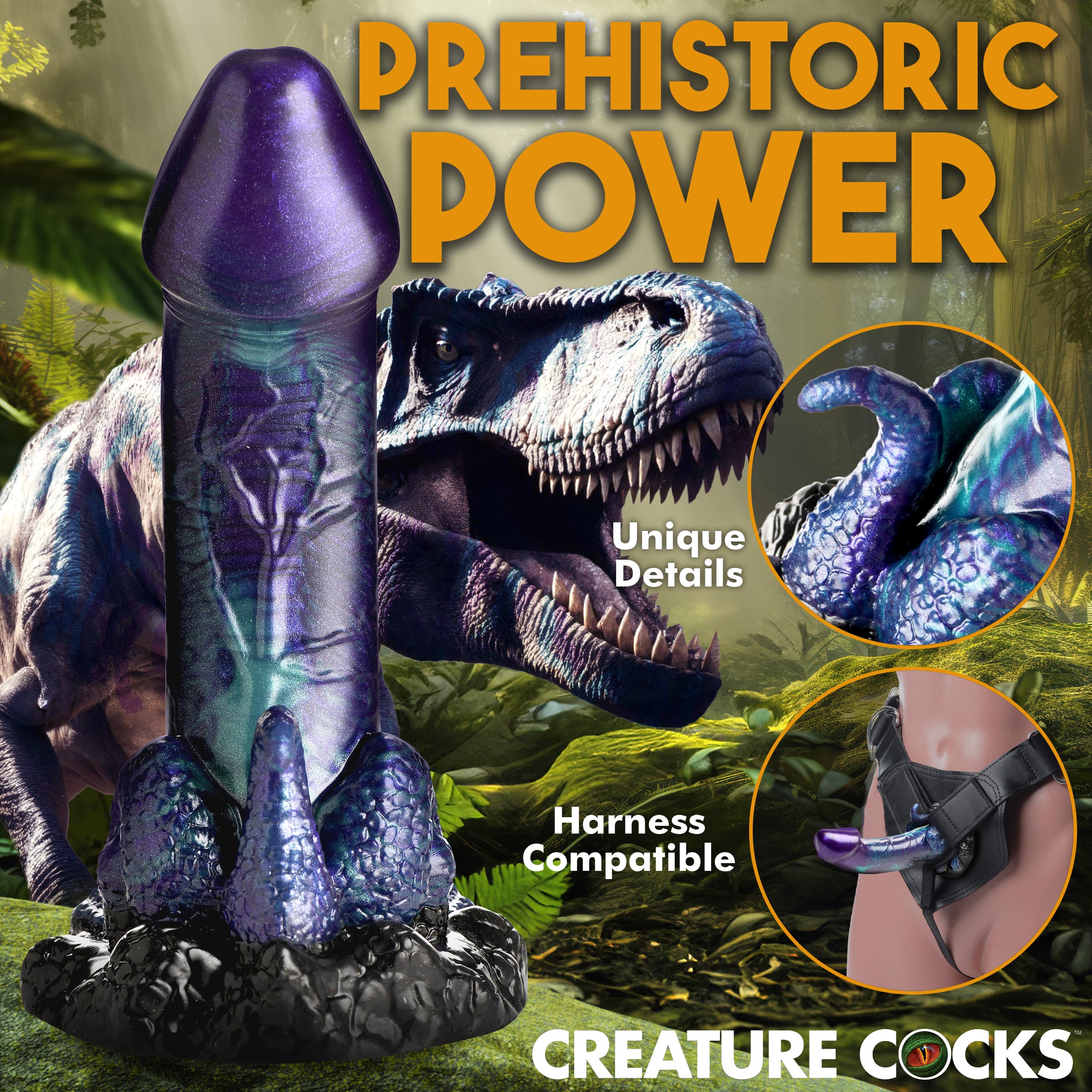 Dinosaur-themed silicone dildo held by a model