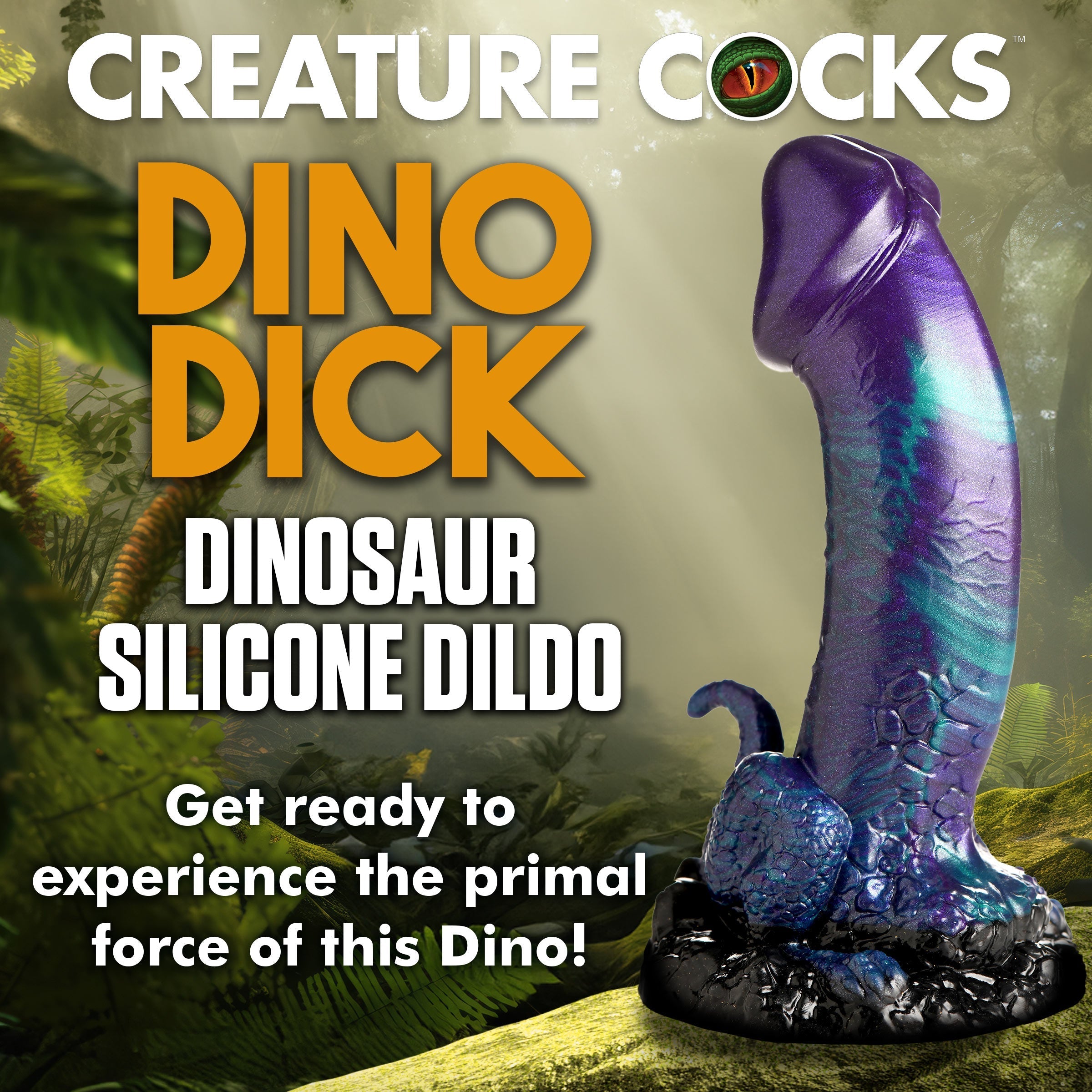 Packaging for dinosaur-themed silicone dildo with product name