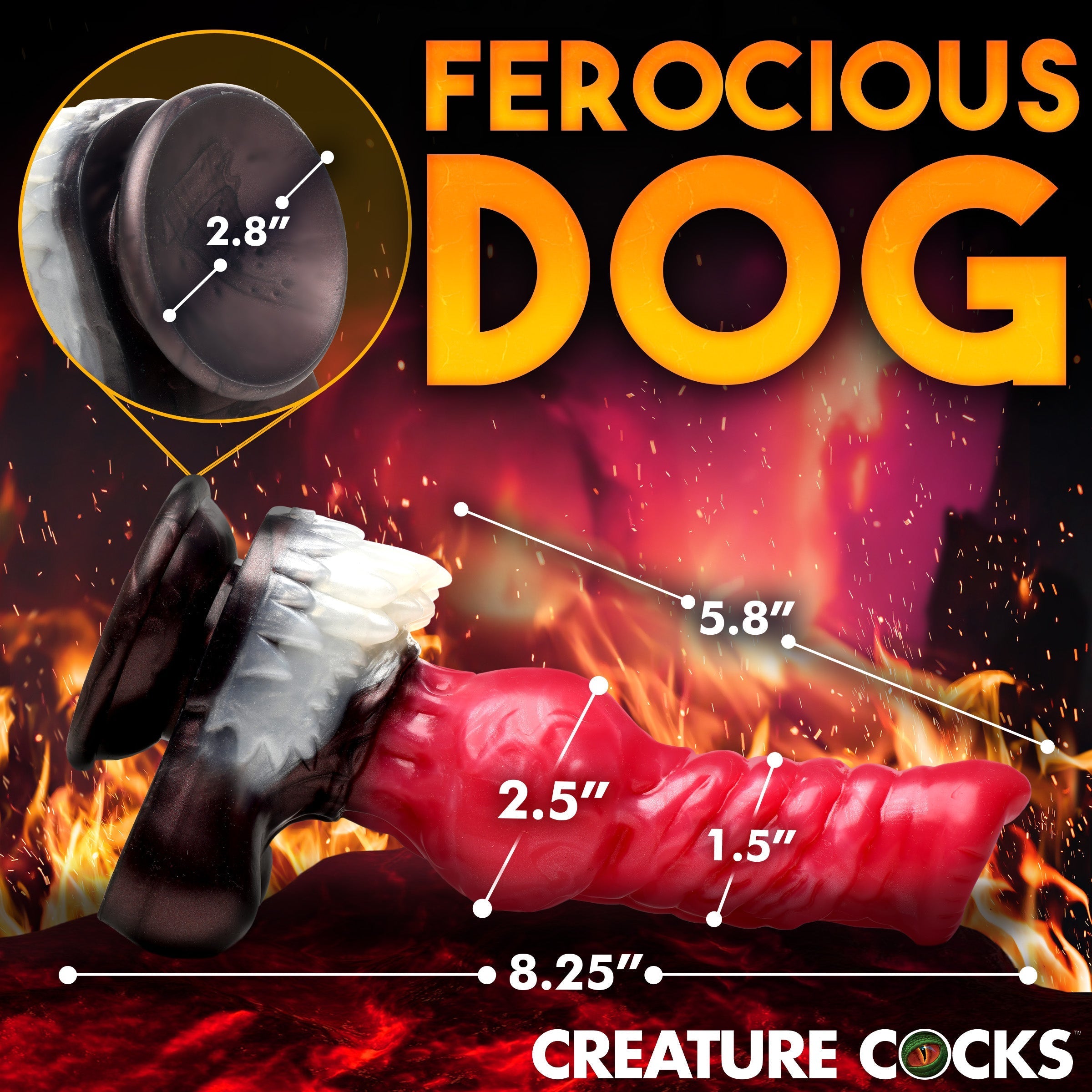 Size dimensions displayed next to the Cujo Canine Silicone Dildo