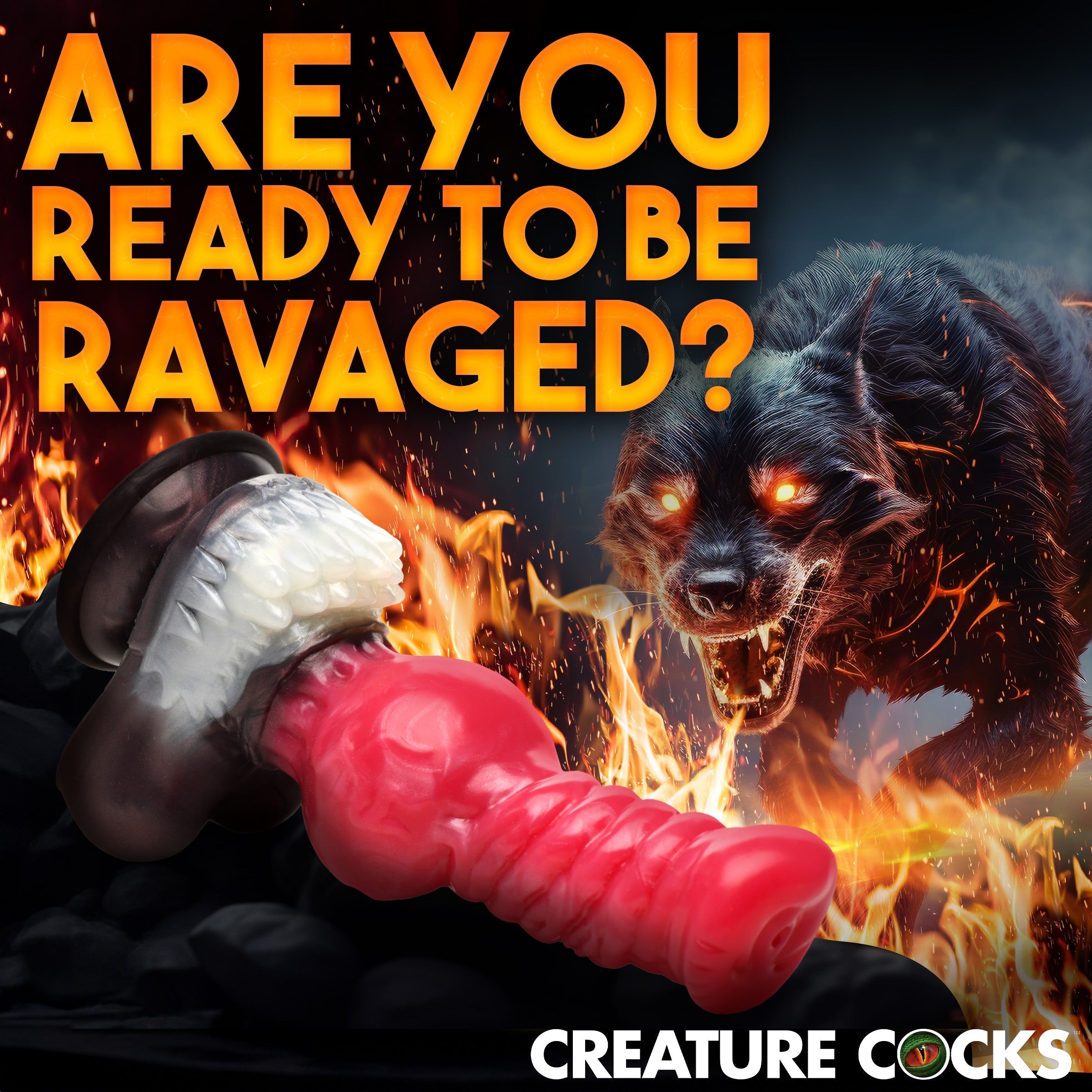 Promotional image asking if you're ready for the Cujo Canine Silicone Dildo