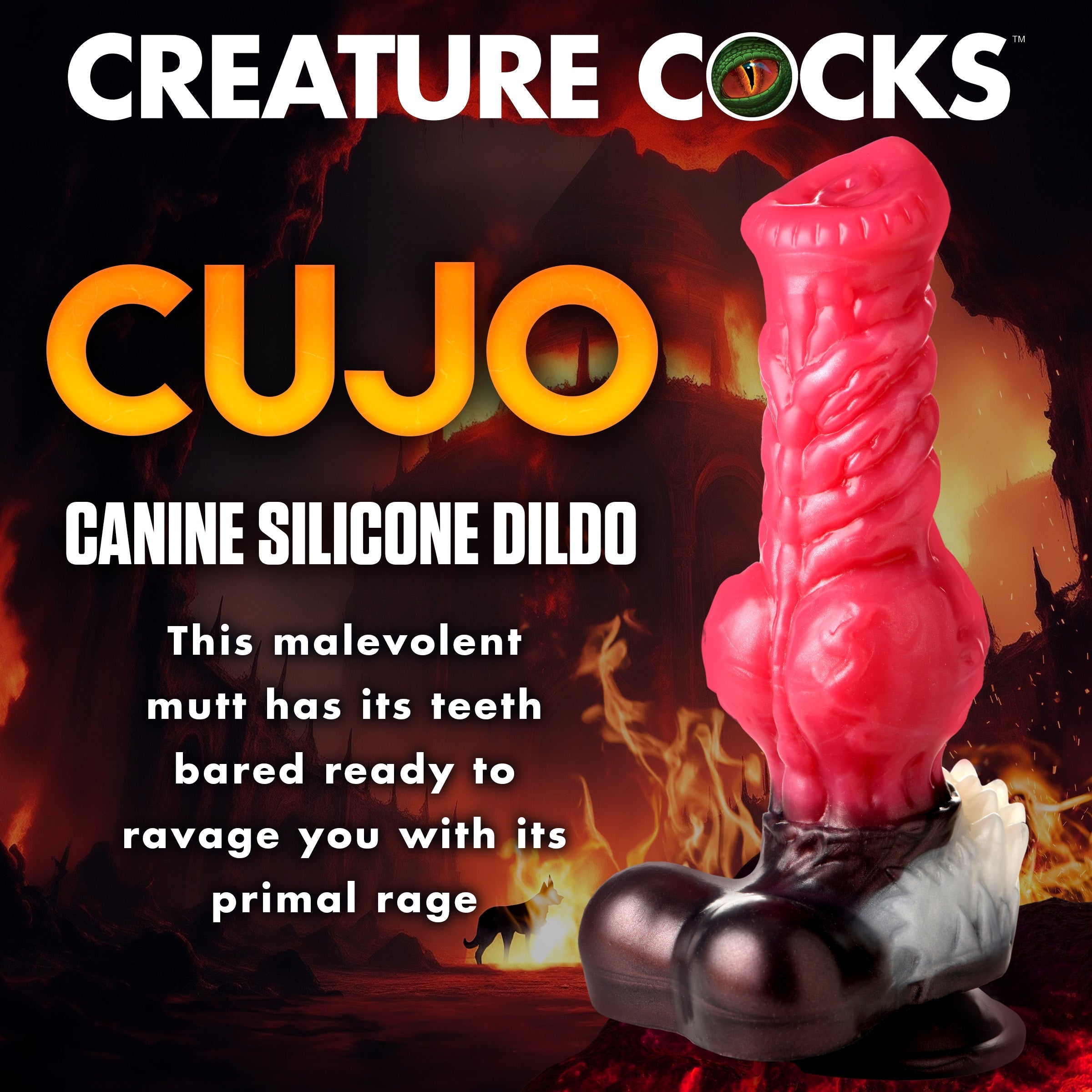 Detailed view of the Cujo Canine Silicone Dildo with a textured red tongue