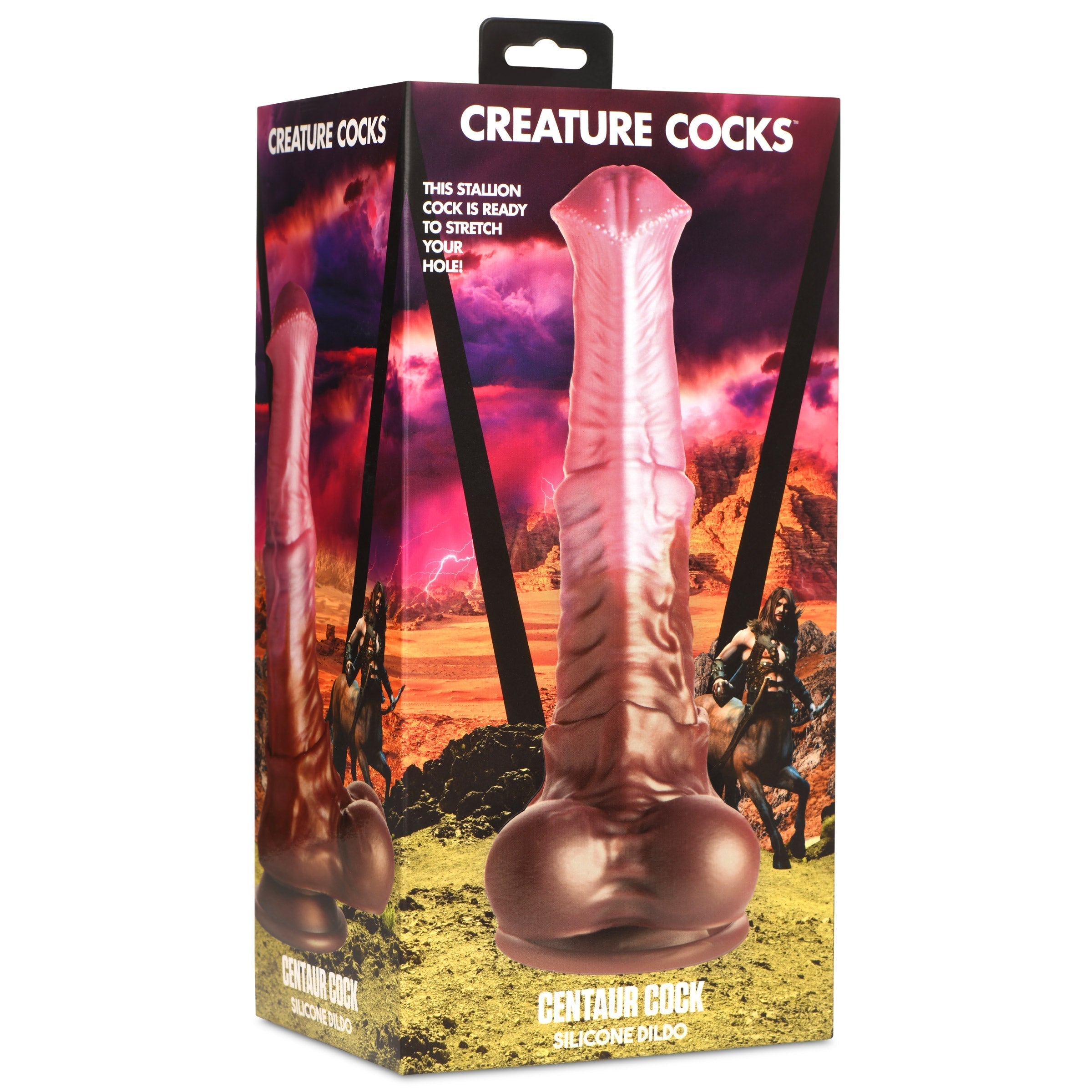 Packaging of the centaur-inspired silicone dildo in pink