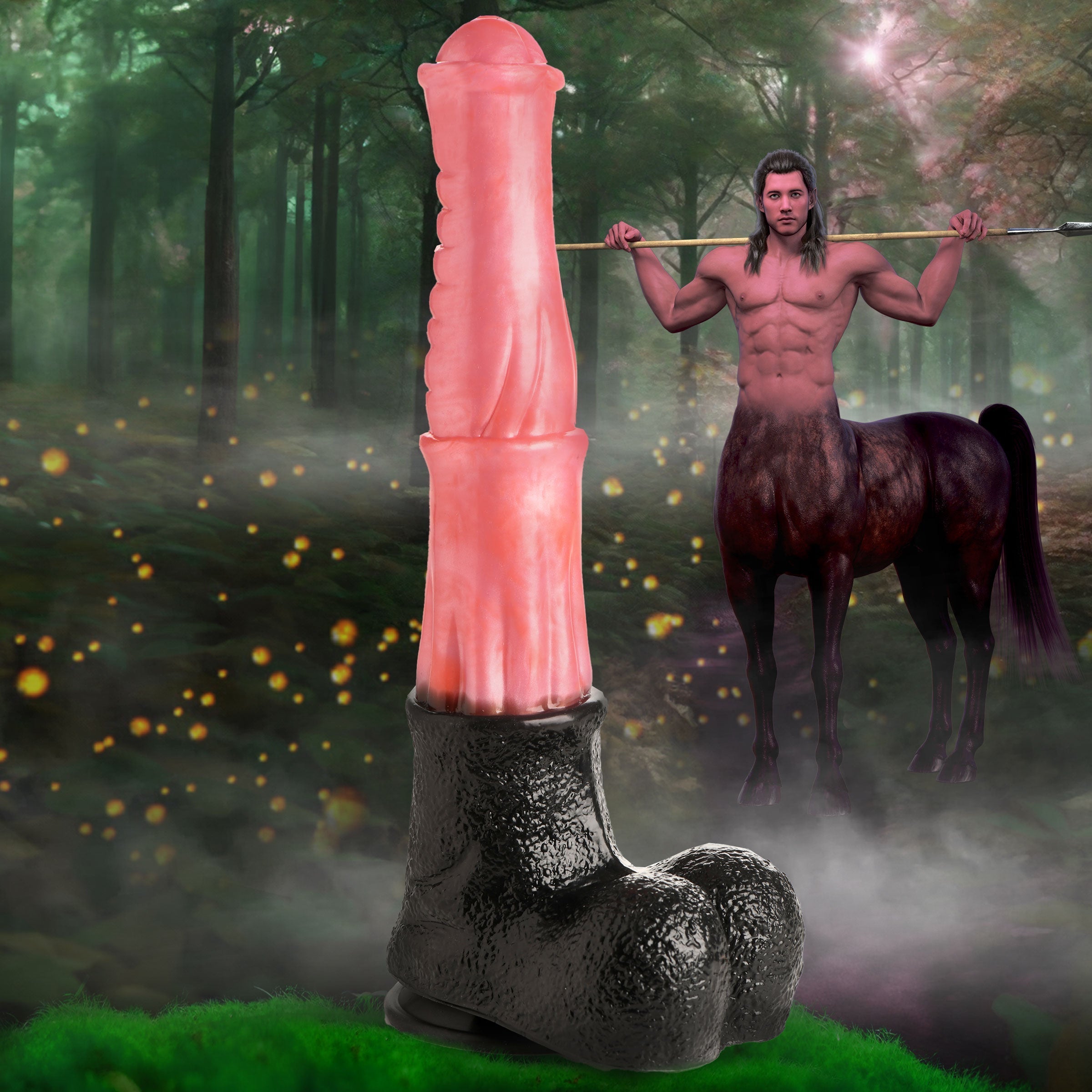 Comparison of the Giant Centaur XL Silicone Dildo size next to an average-sized man