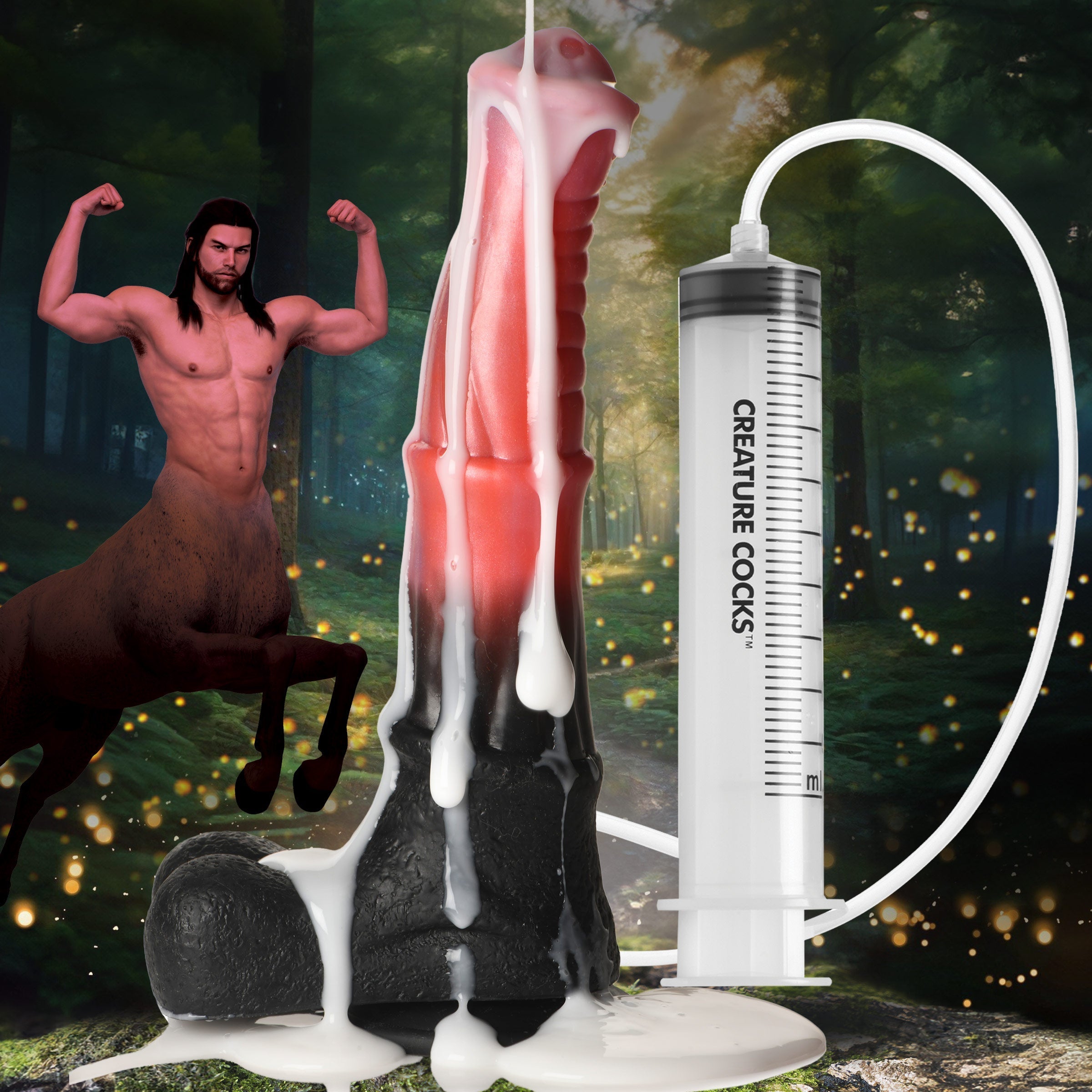 Centaur-themed silicone dildo beside its equine inspiration