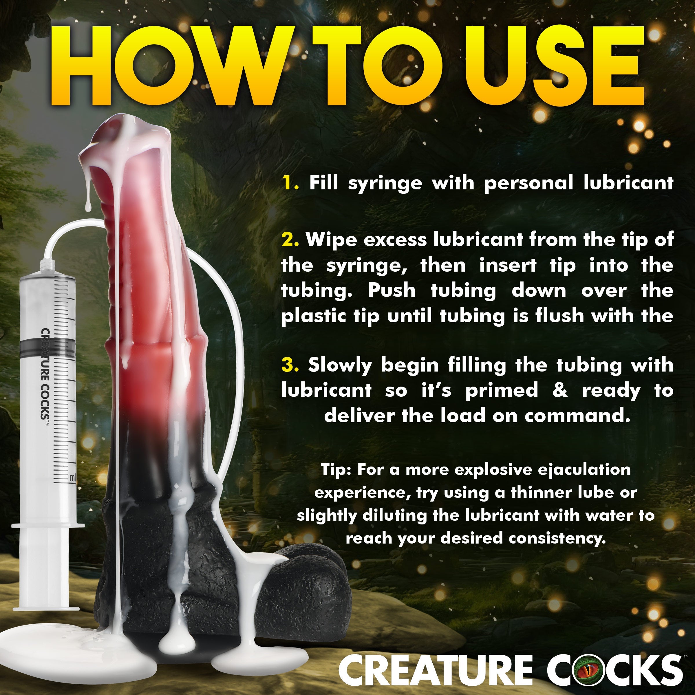 Instructional image on using the Centaur Explosion squirting dildo