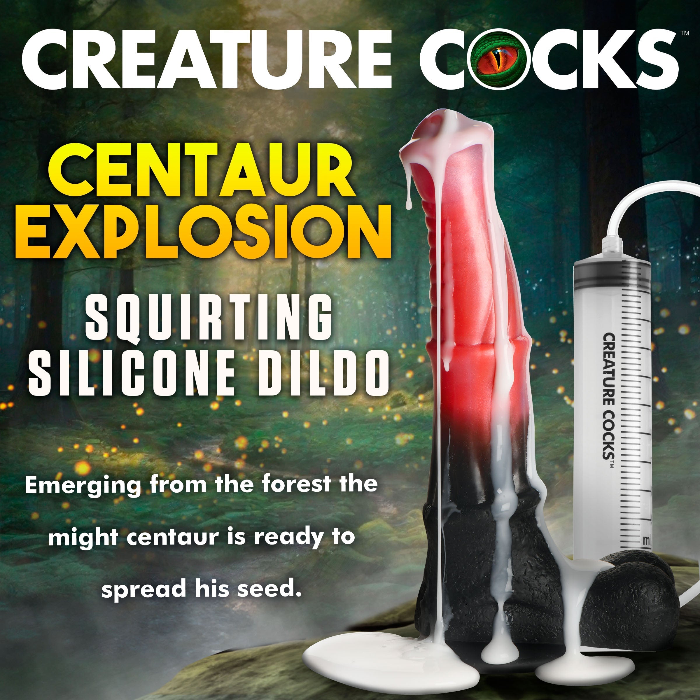 Advertisement showcasing the features of the Centaur Explosion dildo