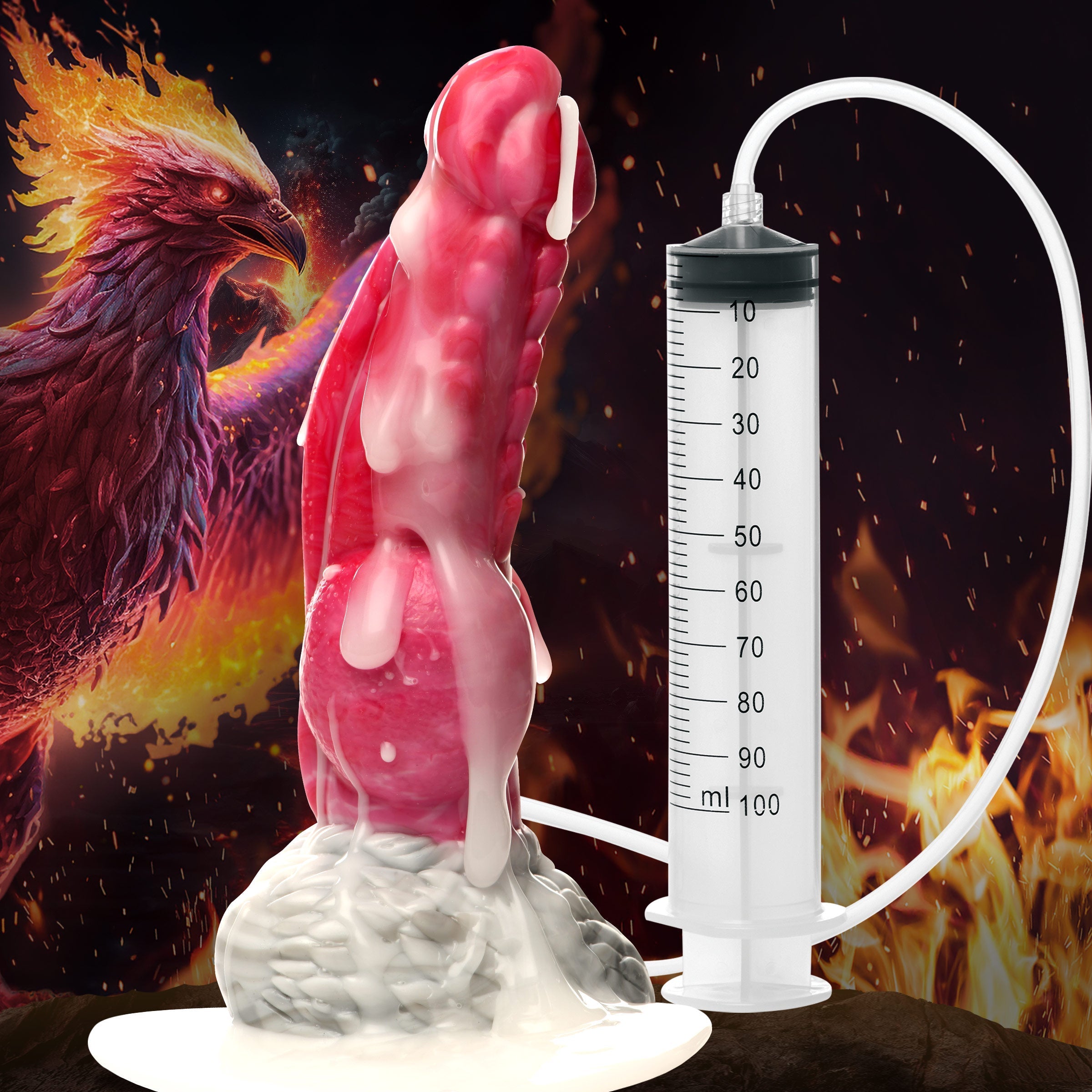 Silicone dildo with phoenix design and squirting feature