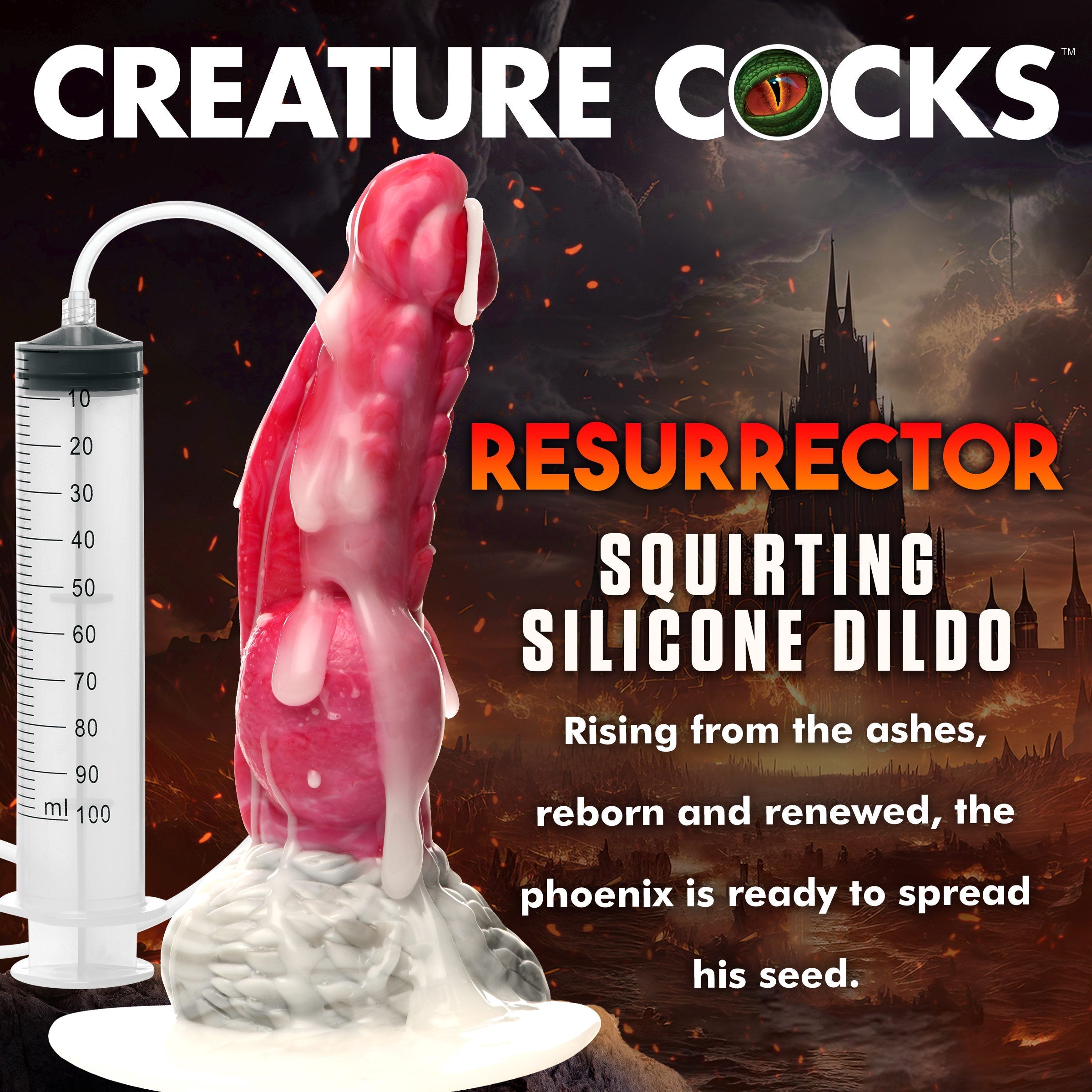 Silicone dildo with unique phoenix shape and Resurrector branding