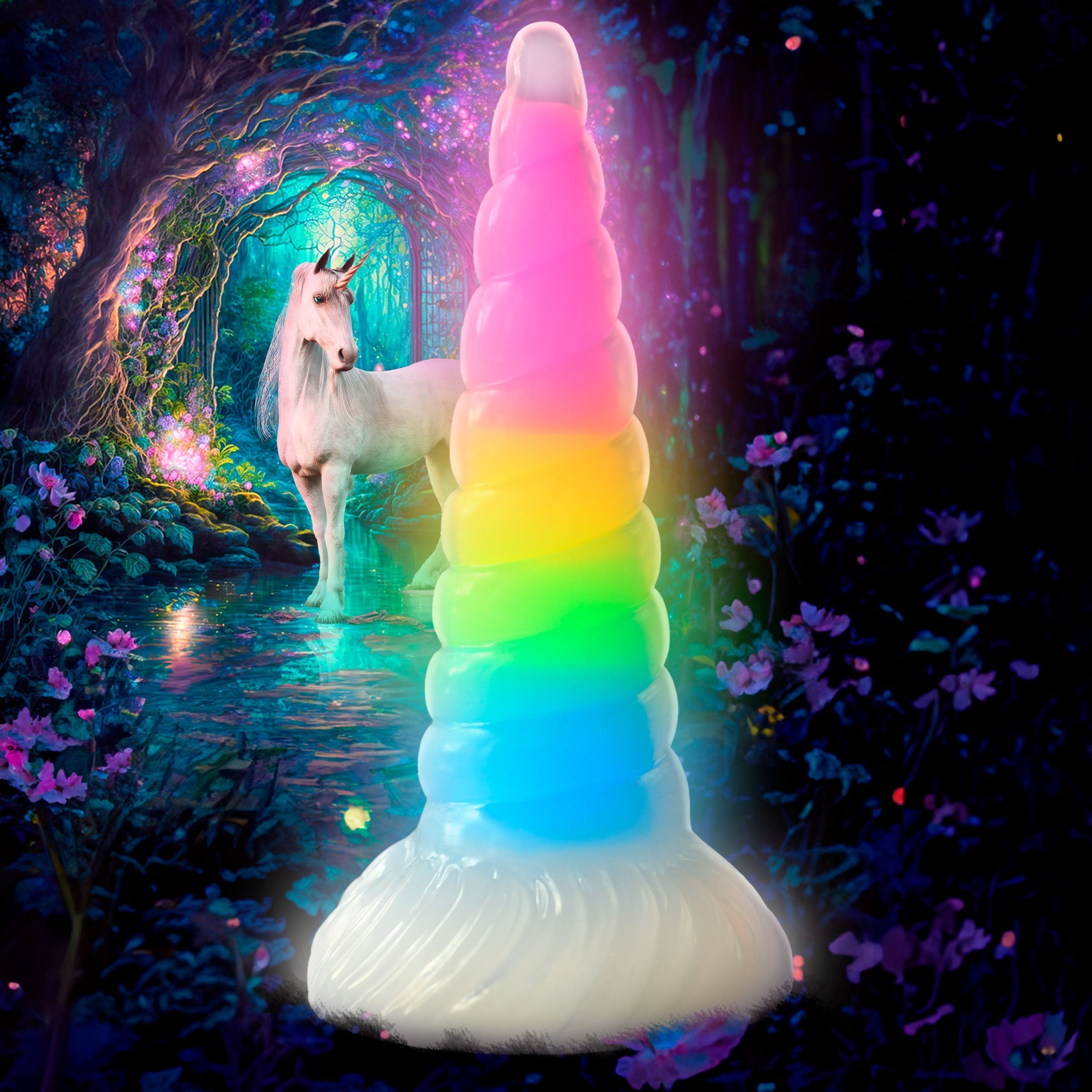 Rainbow unicorn horn dildo with glow feature