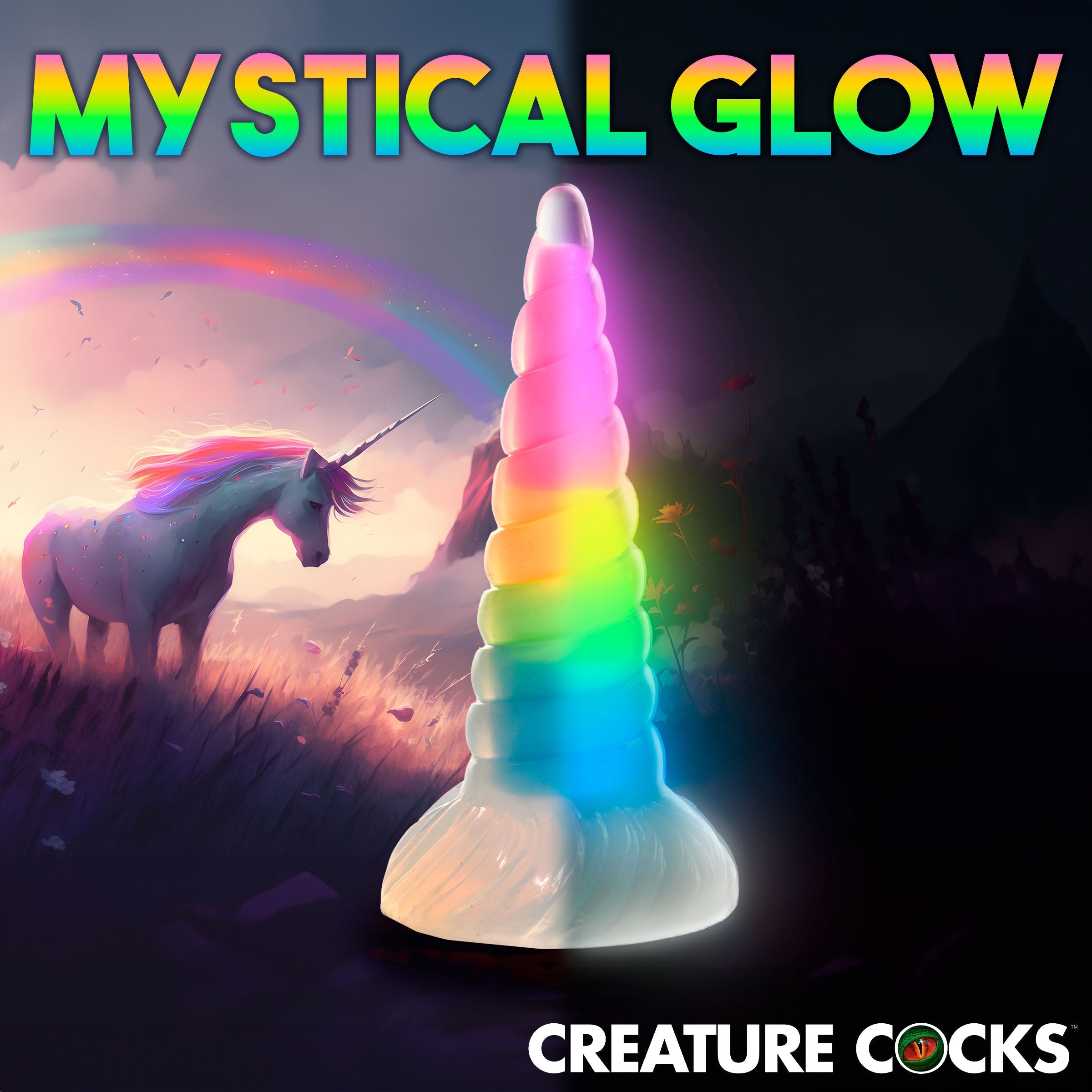 Glow-in-the-dark silicone dildo with rainbow design