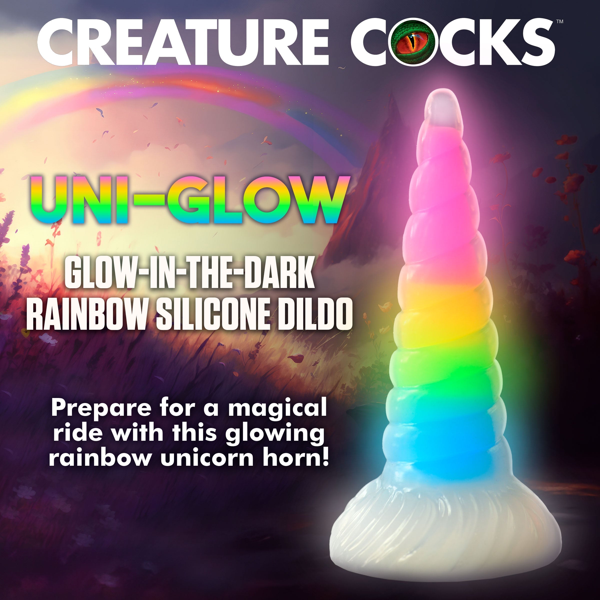 Rainbow-colored glow-in-the-dark silicone dildo