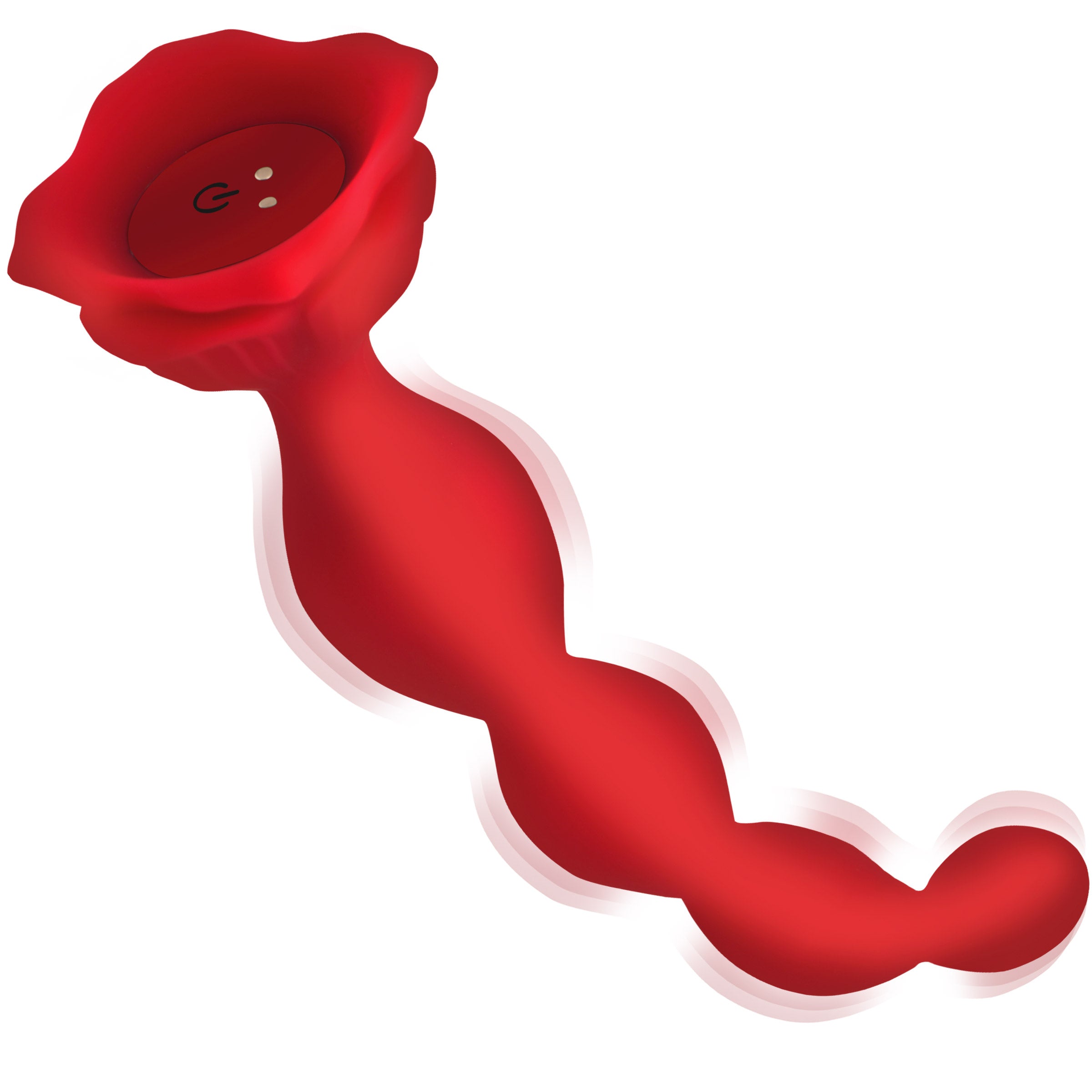 Silicone rose-shaped vibrator with beaded detail on a white surface