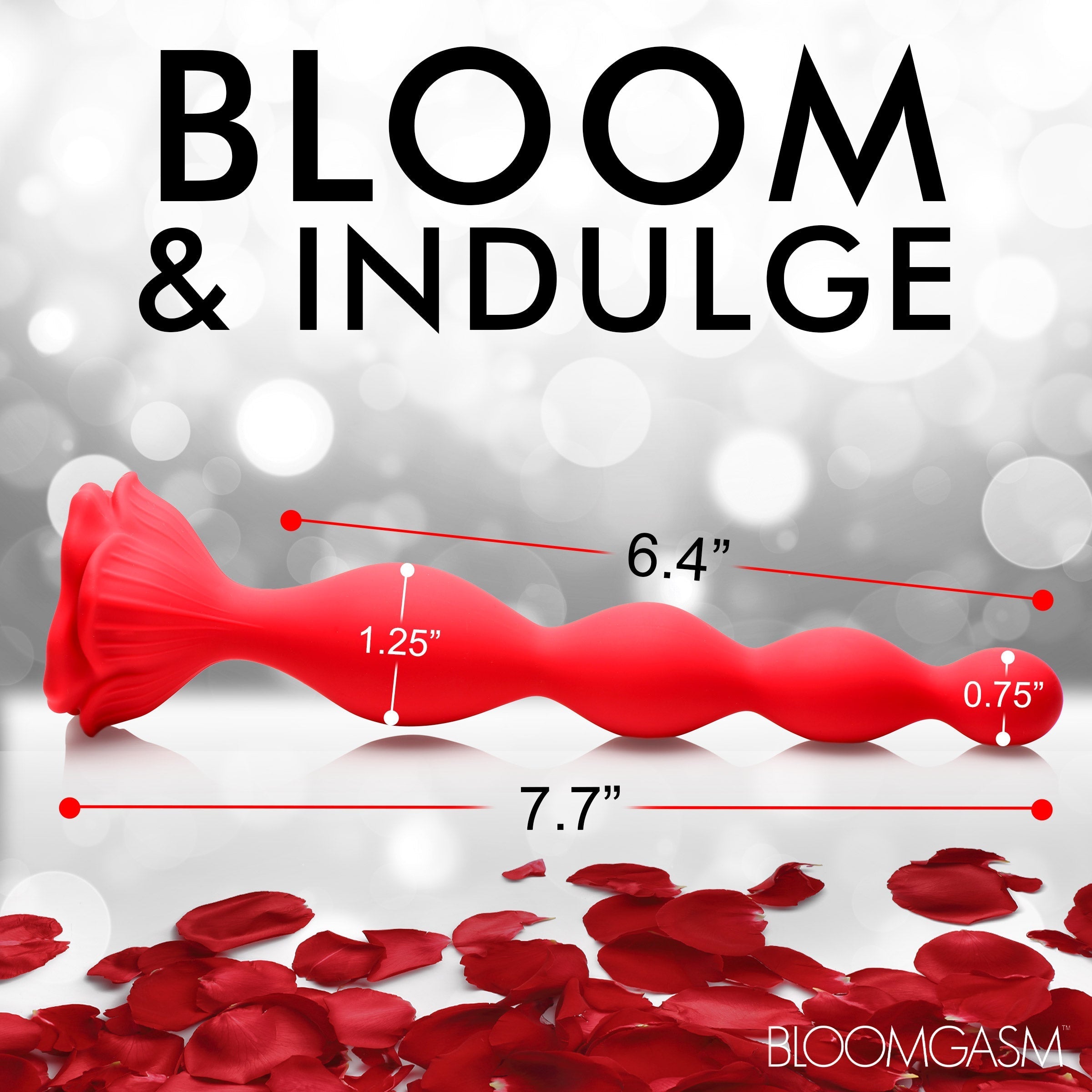 Red silicone petals of the rose vibrator with the words Bloom" and "Indulge" nearby"