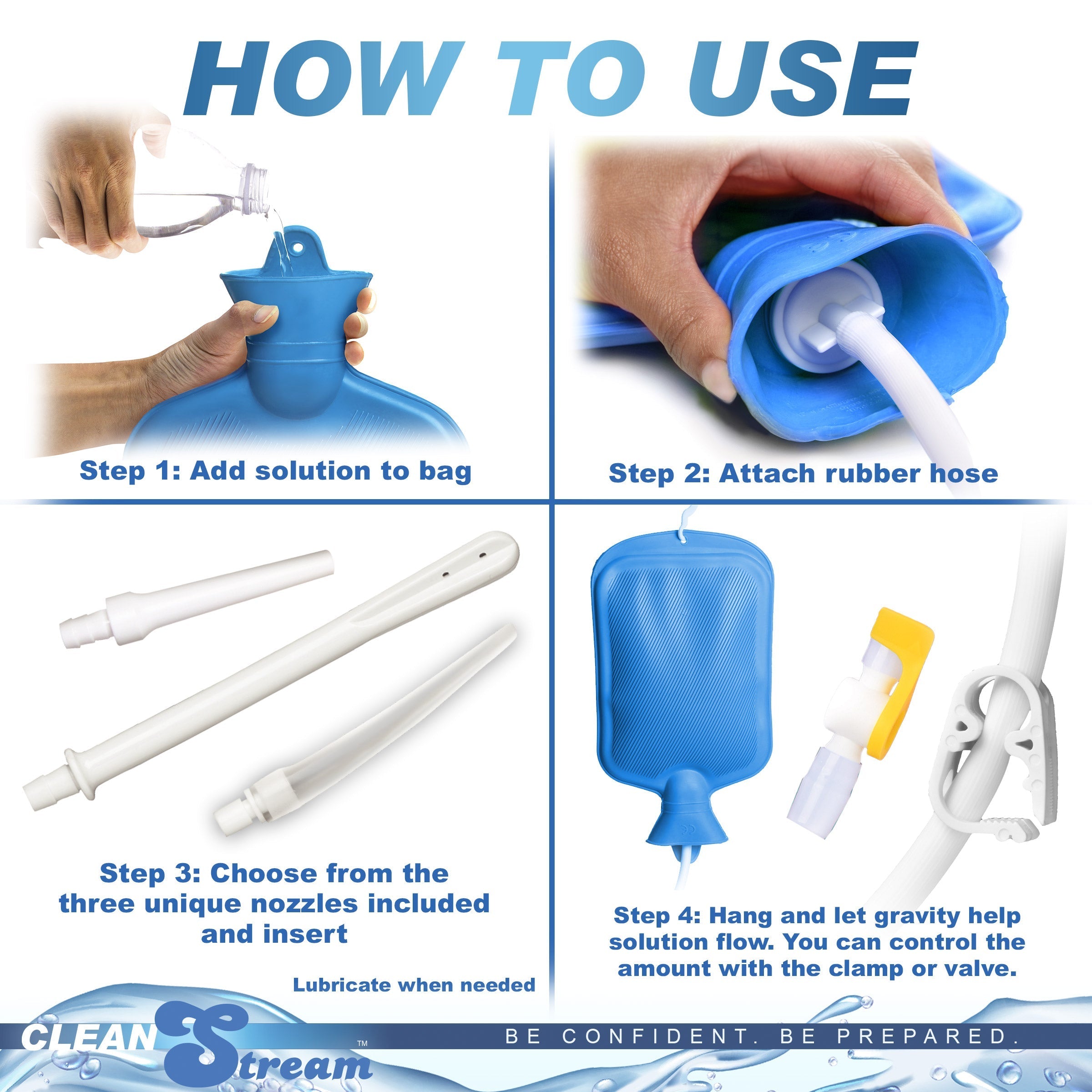 Step-by-step guide for using the enema kit's transparent bag