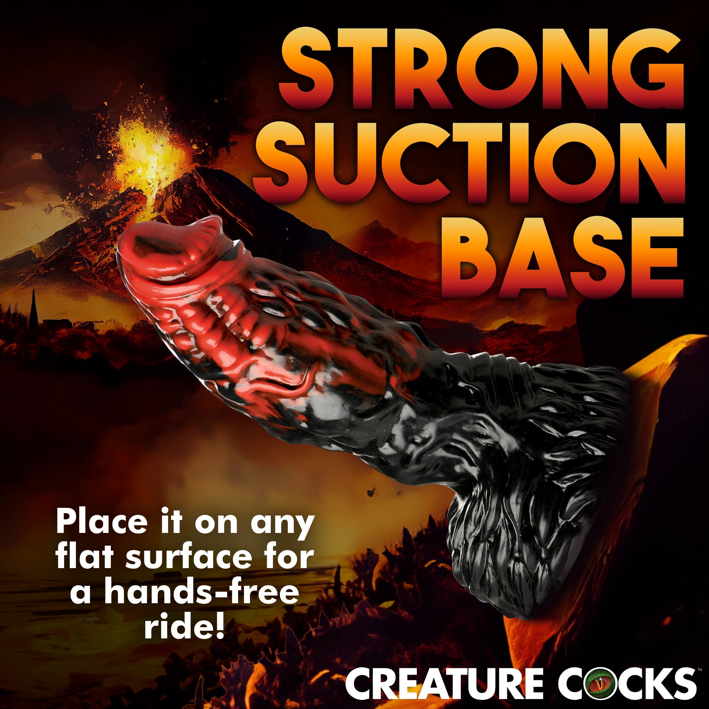 Advertisement highlighting the Vulcan Dildo's strong suction base feature