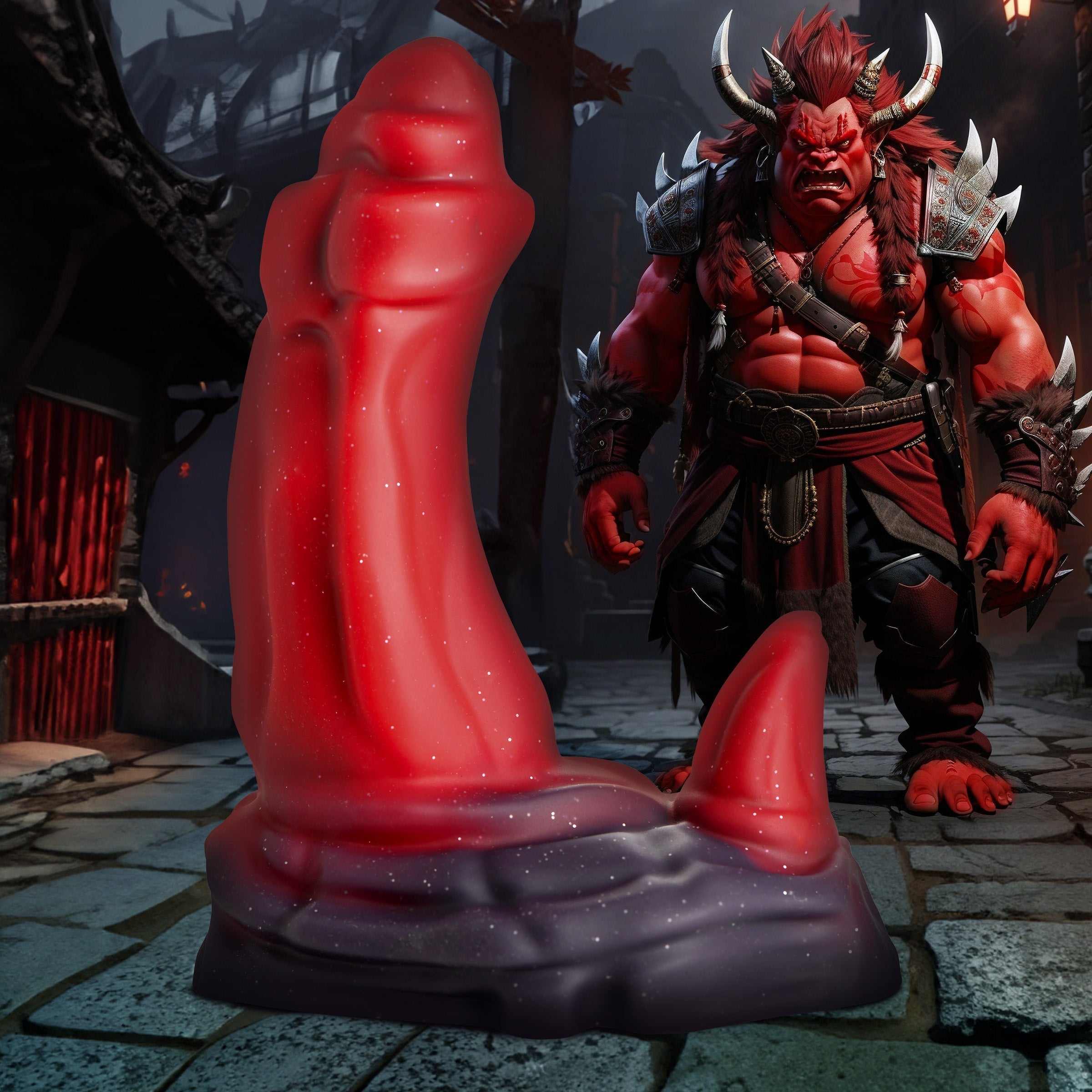 Fantasy ogre-shaped silicone dildo in red with horn details