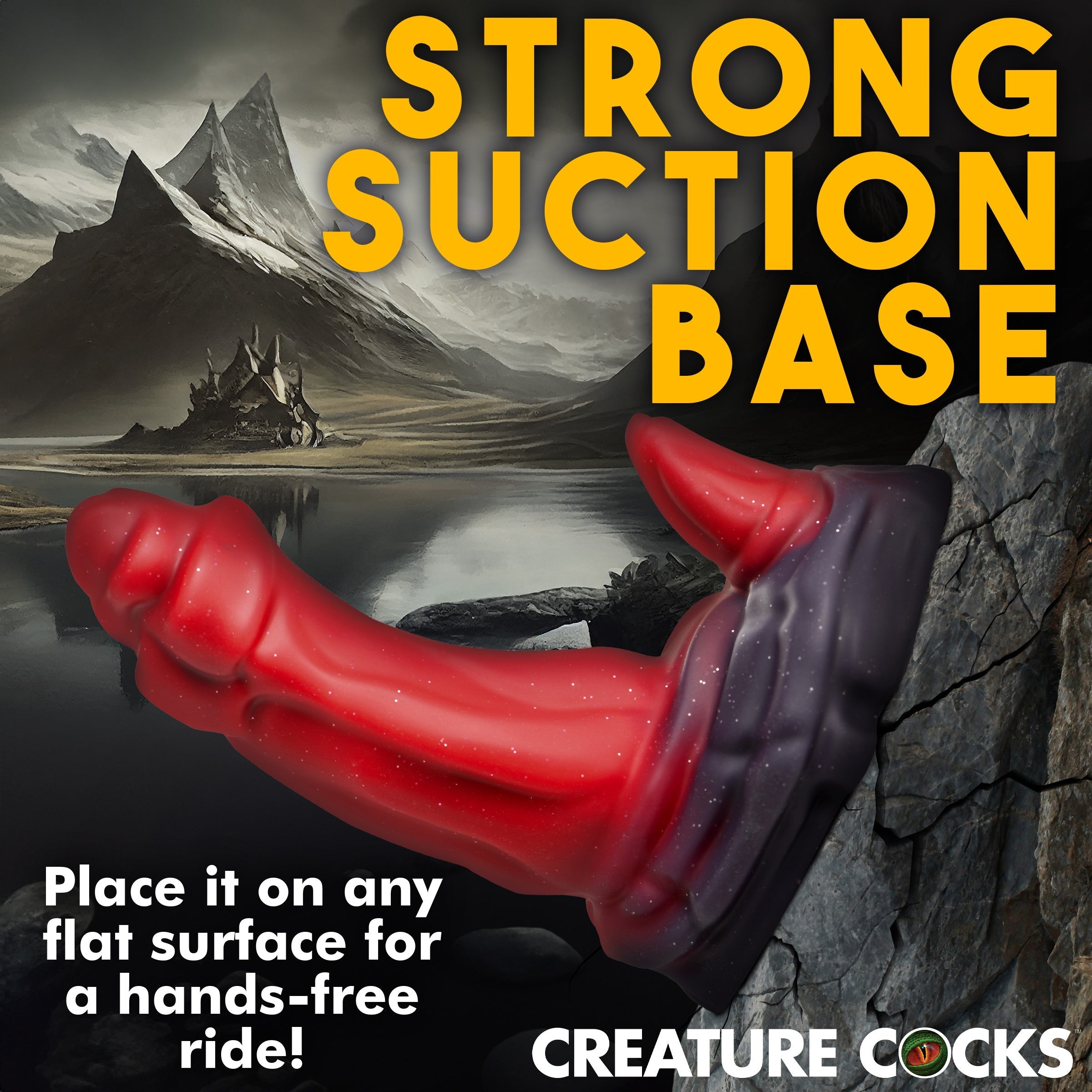 Red and black silicone dildo featuring a strong suction base