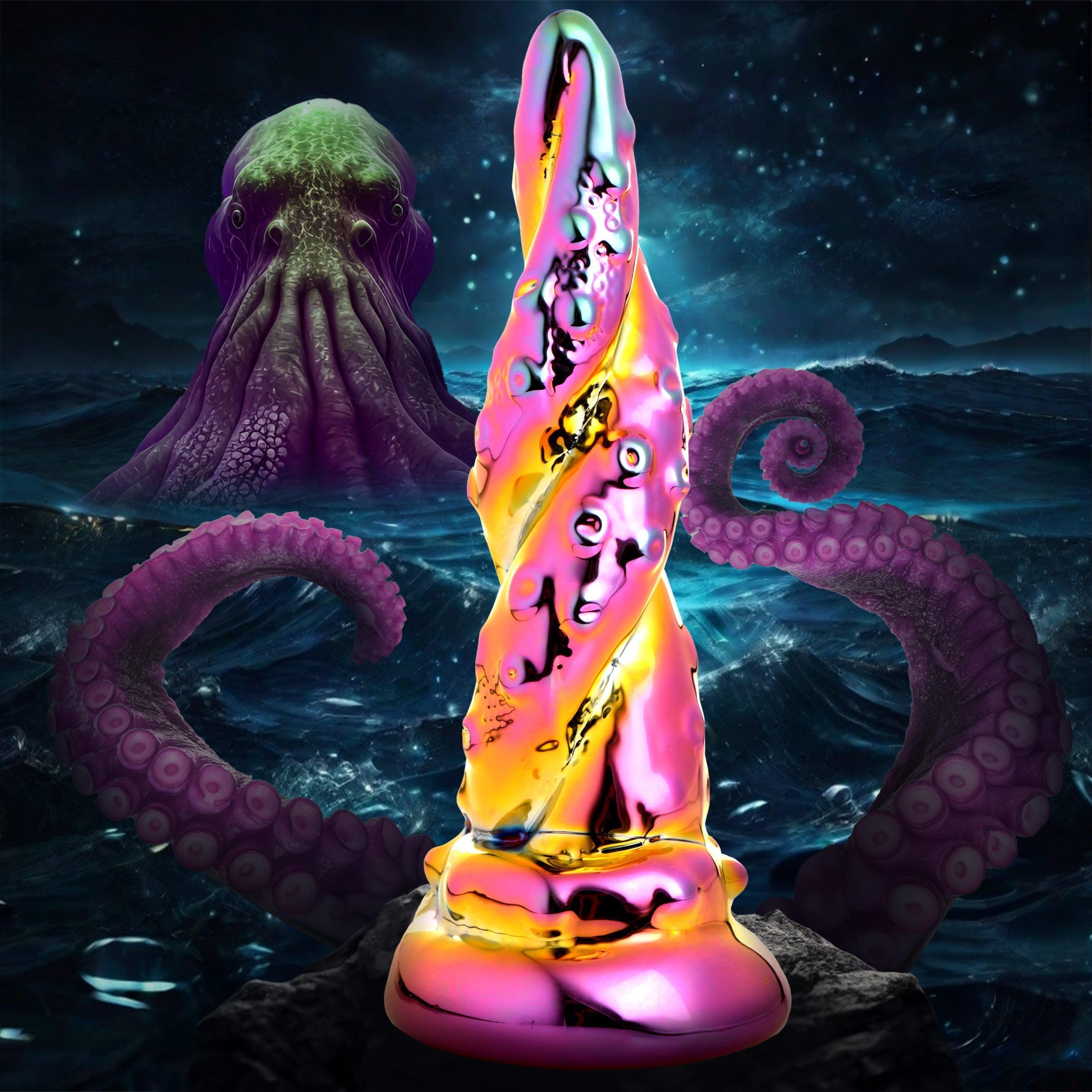 Enchantress Rainbow Glass Dildo with a colorful abstract background