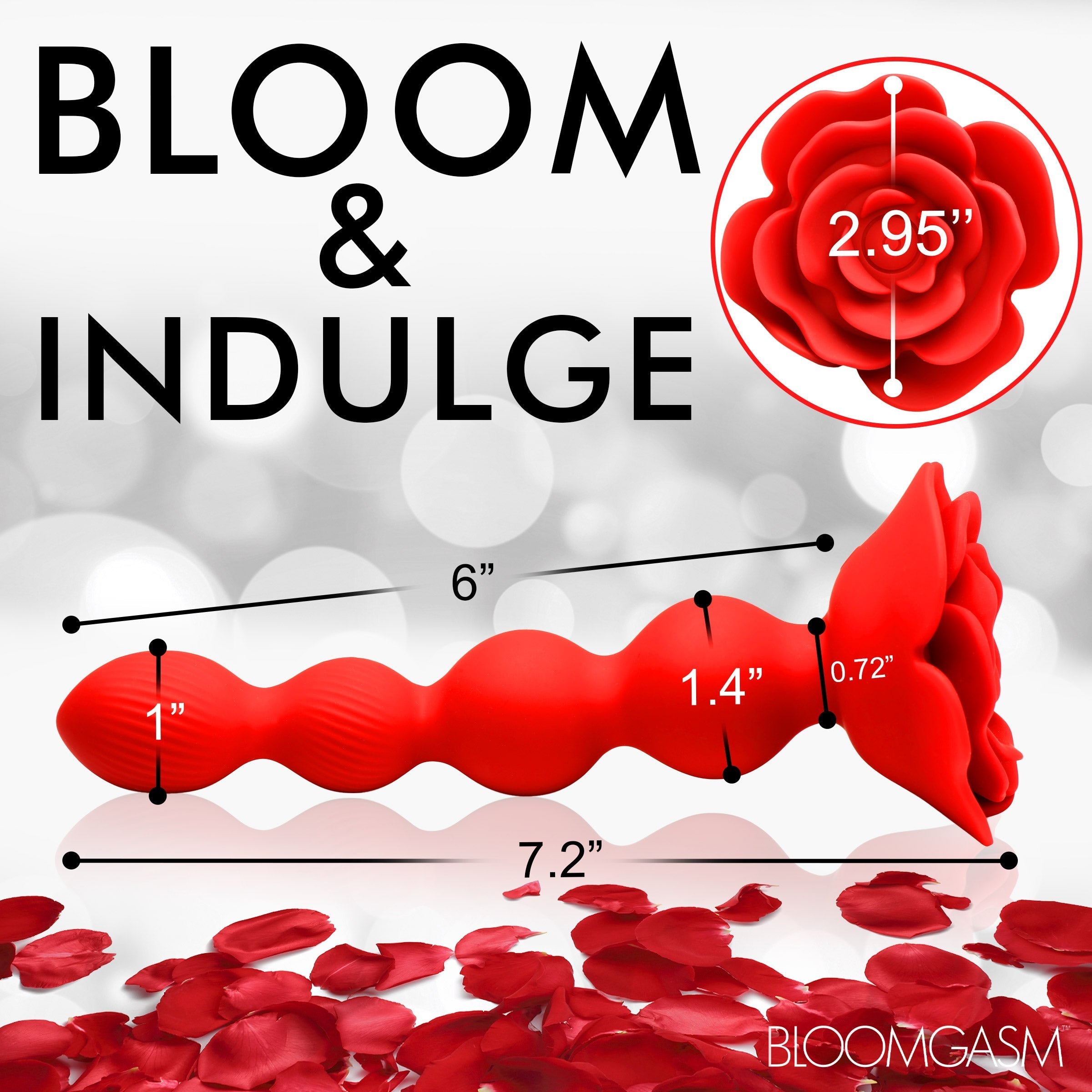 Marketing image of 10x Rose Twirl Anal Beads with 'Bloom' and 'Indulge' slogans