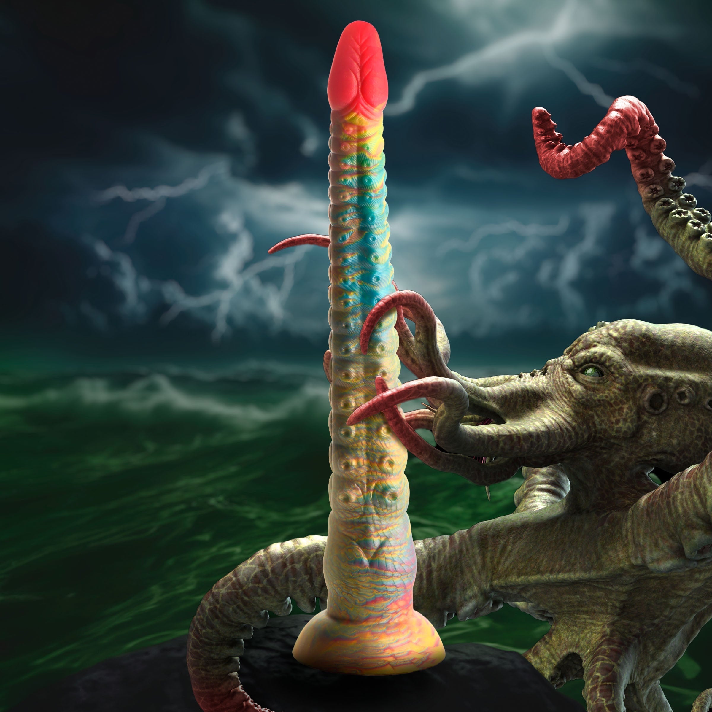 Detailed image showing the tentacle design of the silicone dildo