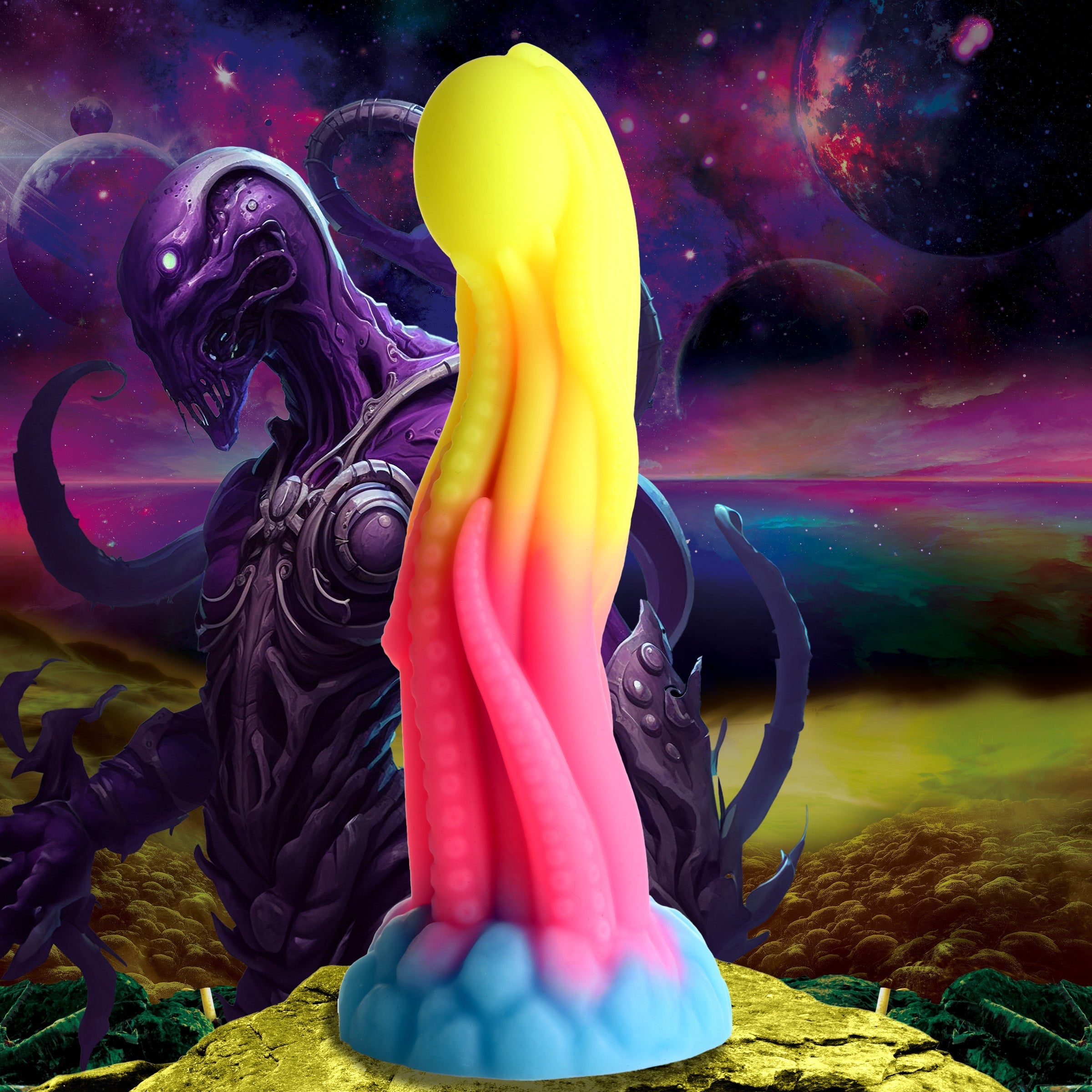 Tenta-glow dildo featuring a colorful, alien-themed design