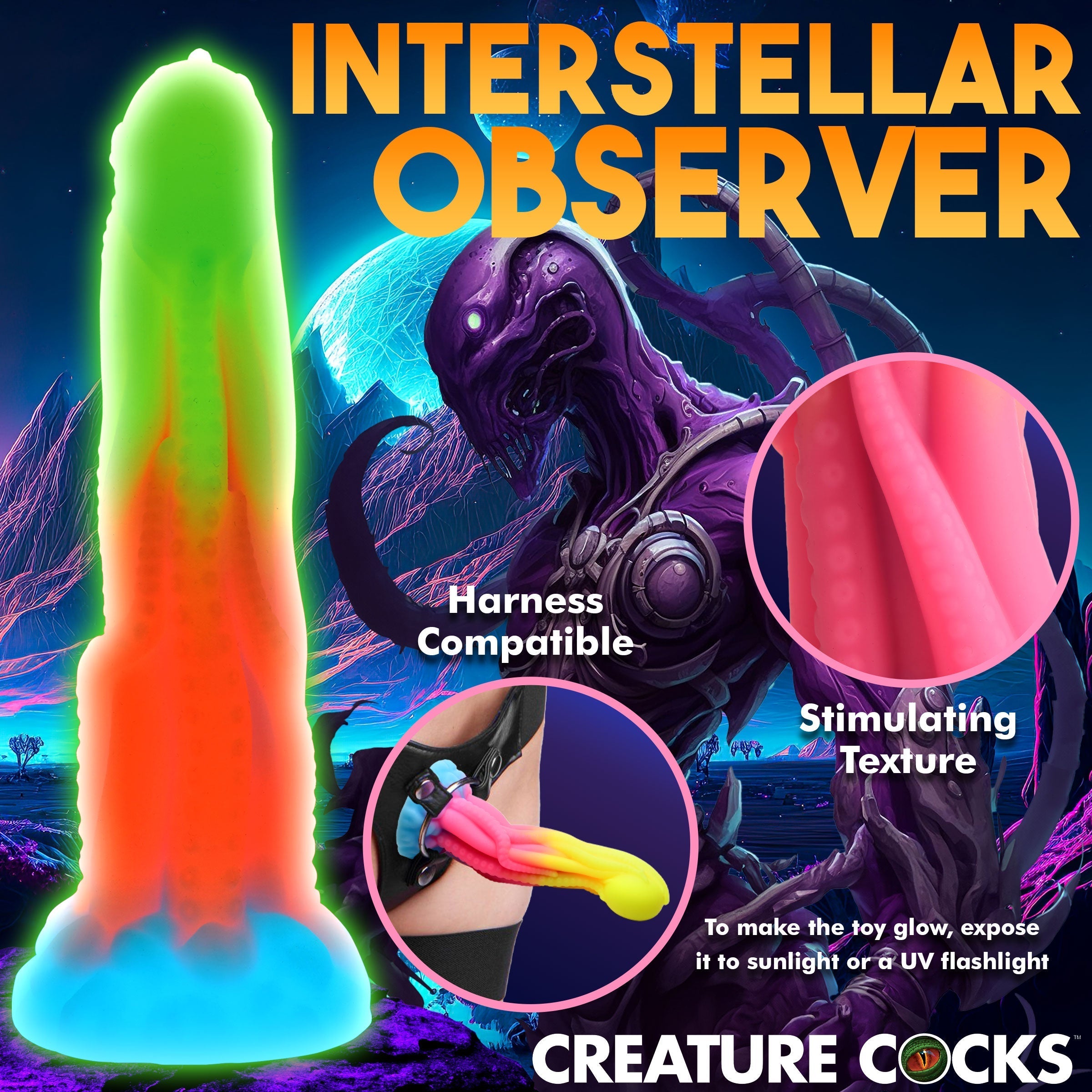 Tenta-glow vibrating silicone dildo with cosmic-themed aesthetics