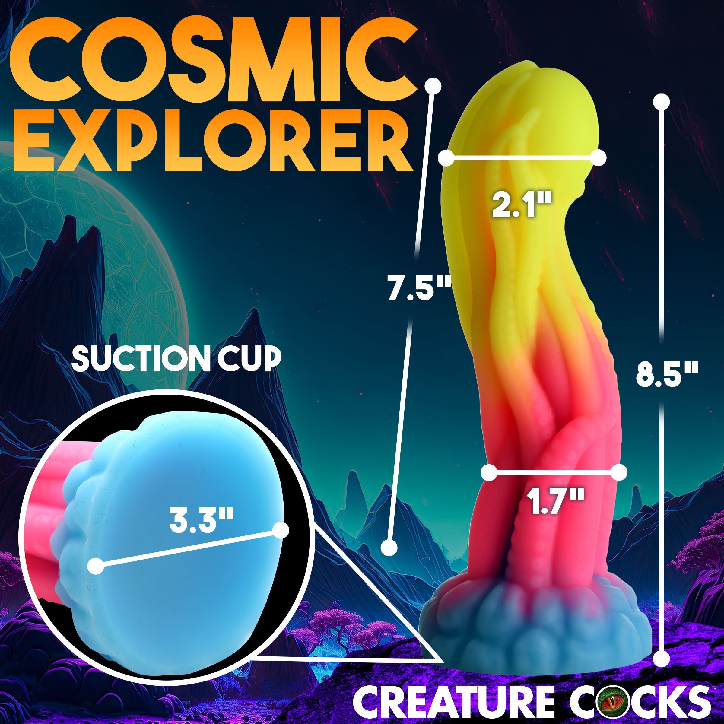 Glow-in-the-dark silicone dildo with a vibrant, colorful tip