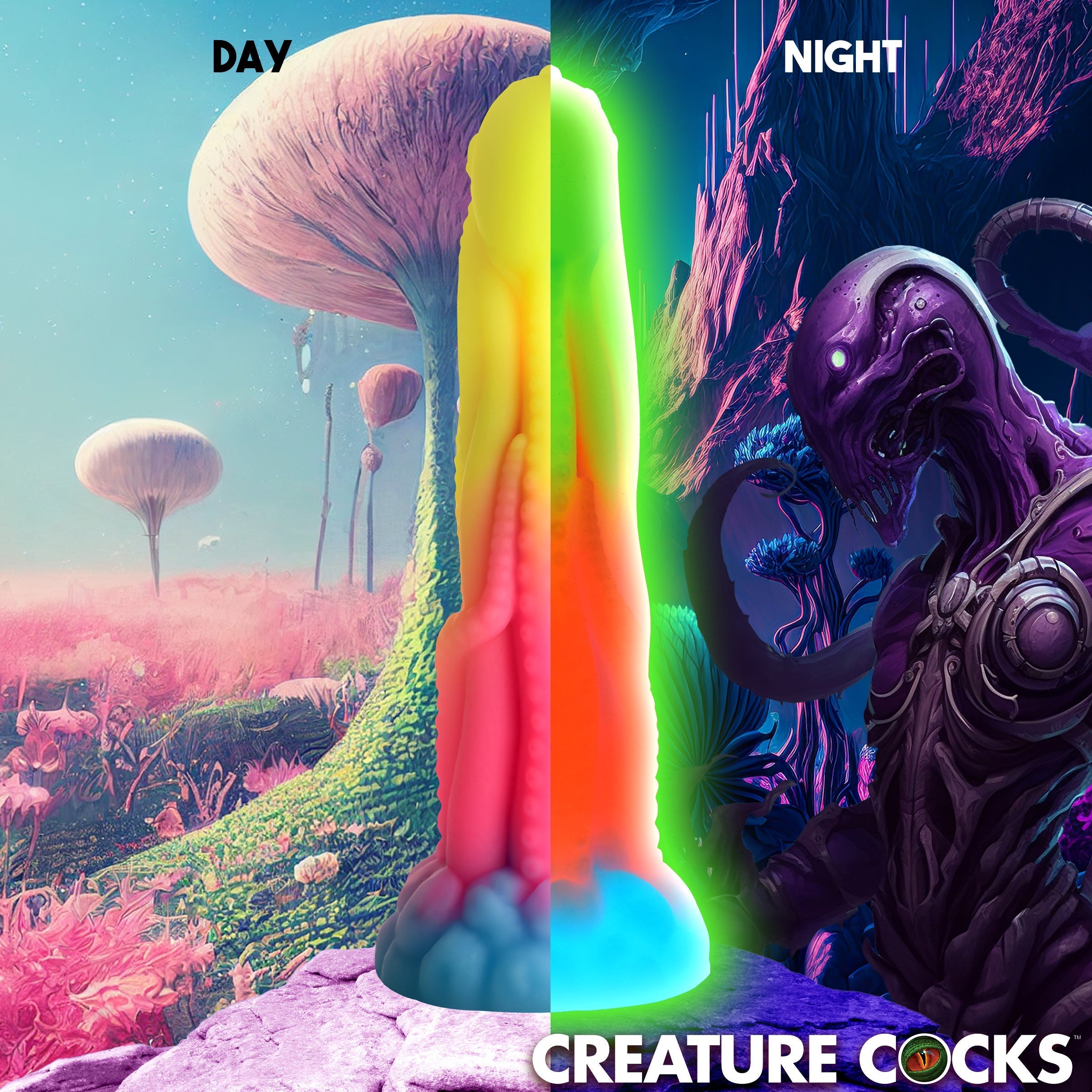 Rainbow-hued glow effect on the Tenta-glow creature-shaped dildo