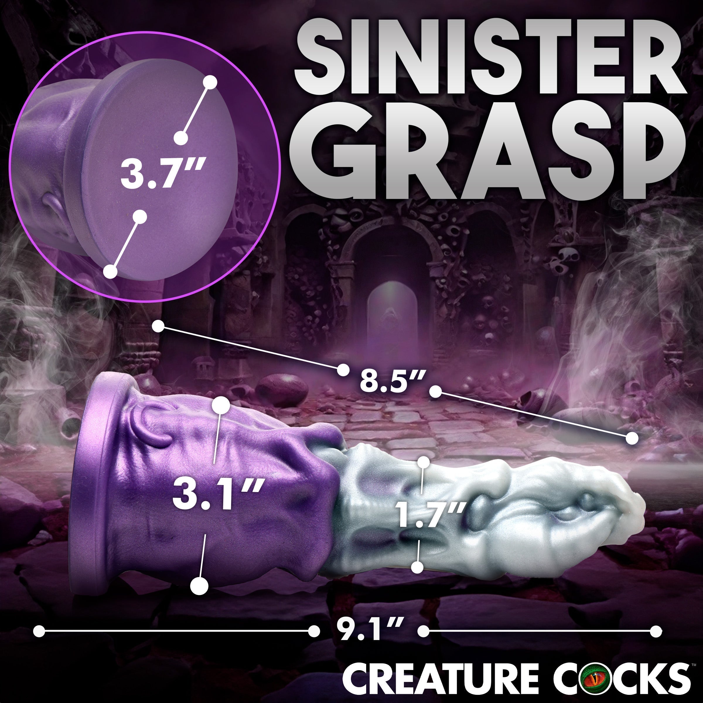 Size dimensions displayed for the Grim Reaper-themed silicone dildo