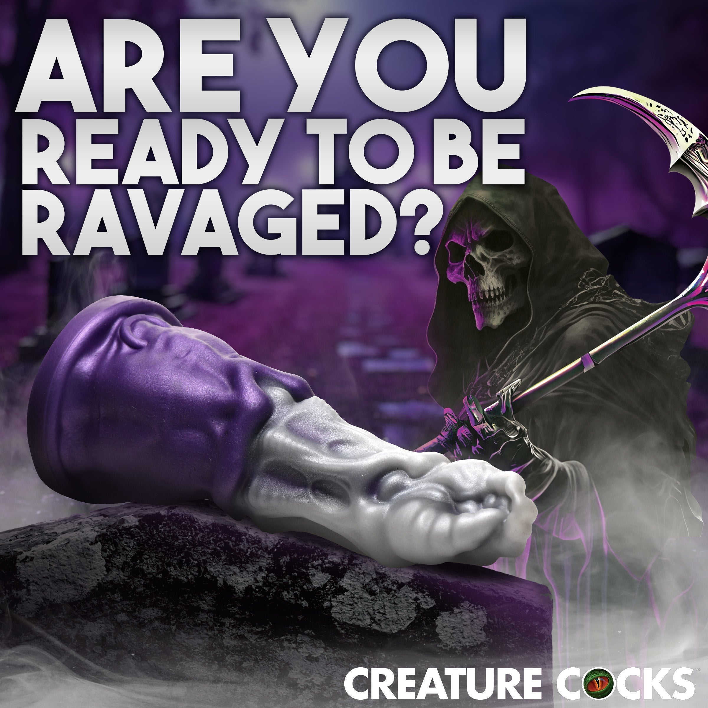 Promotional image for Grim Reaper silicone dildo asking if you're ready for pleasure