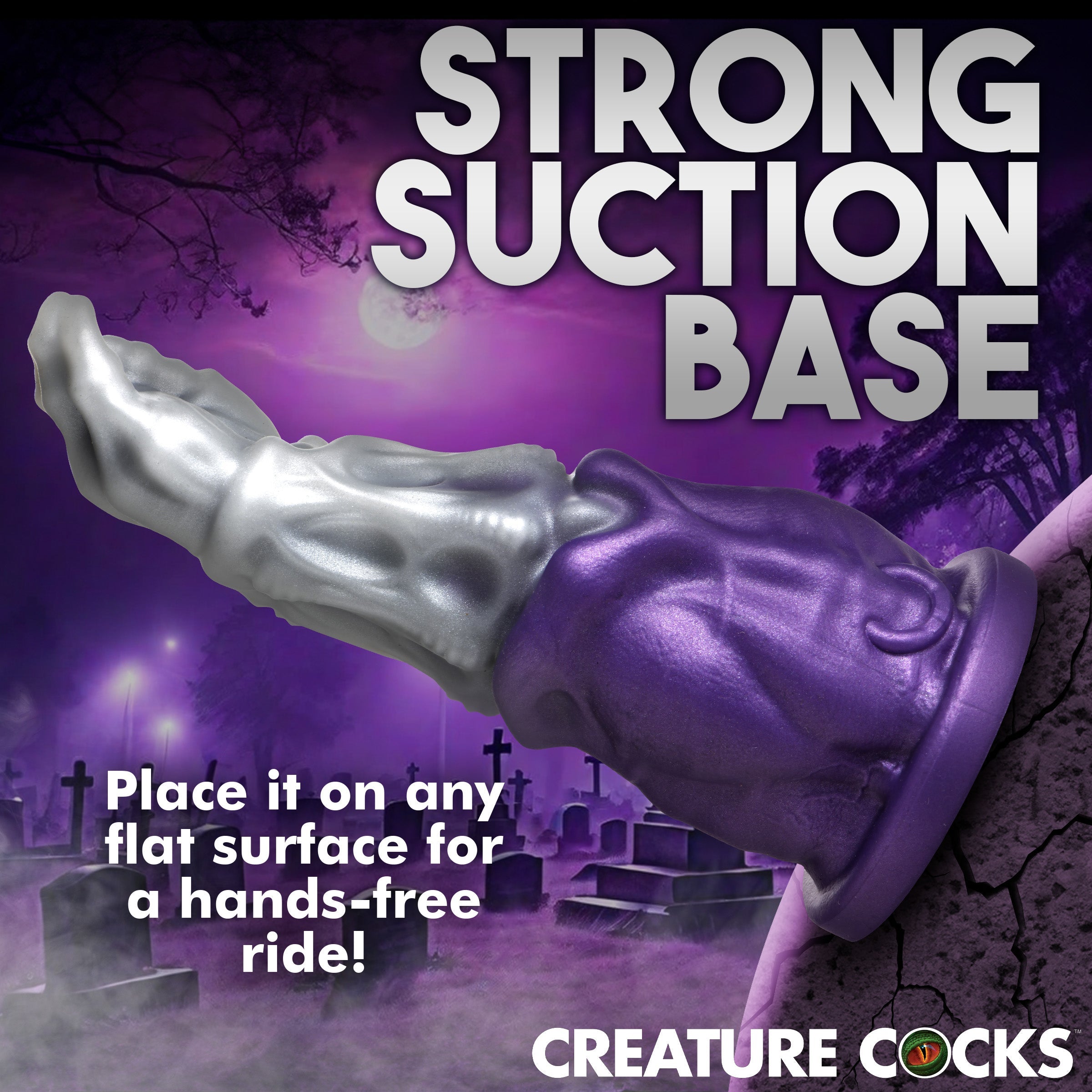 Purple silicone dildo with strong suction base feature