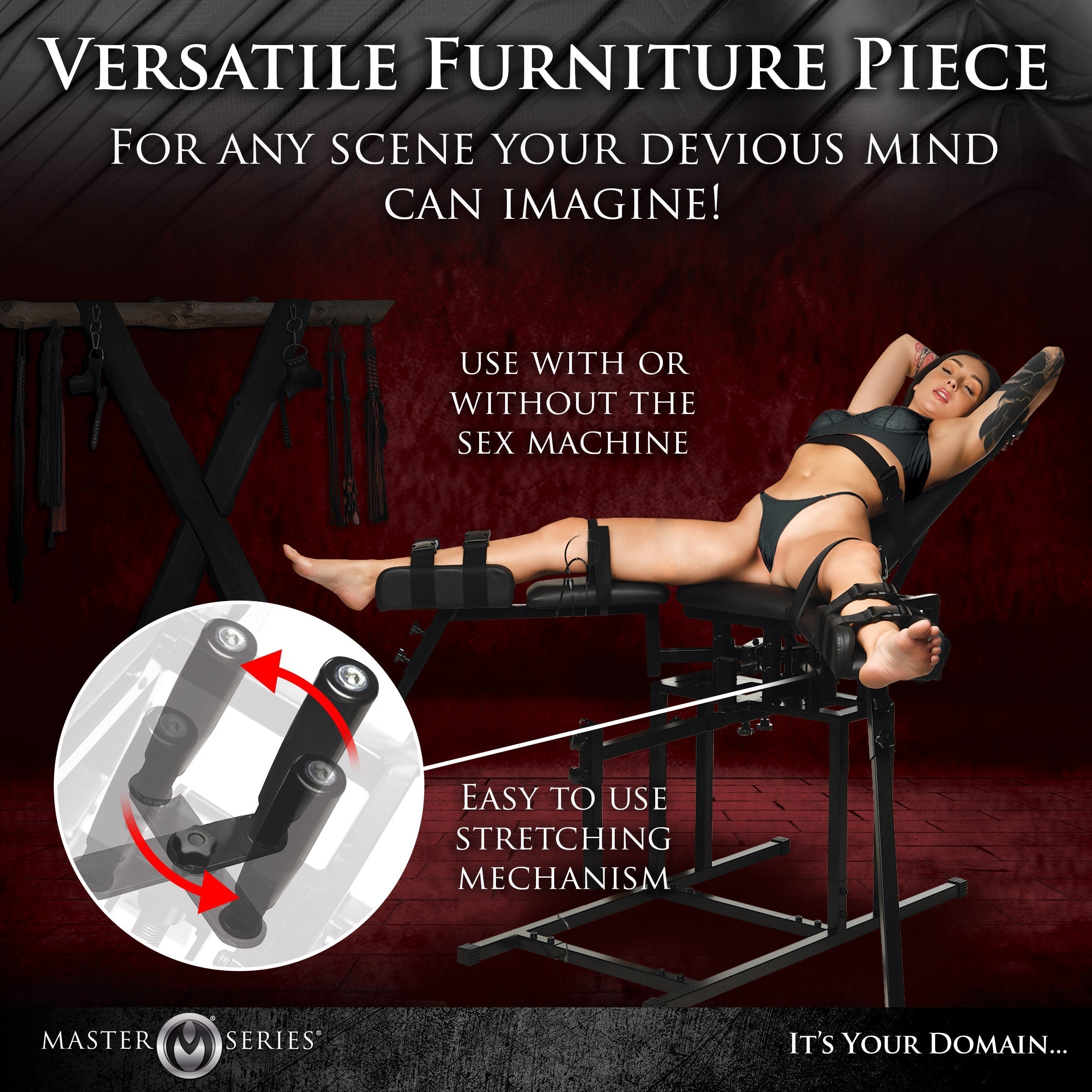 Promotional poster highlighting the features of the Leg Spreader Obedience Chair