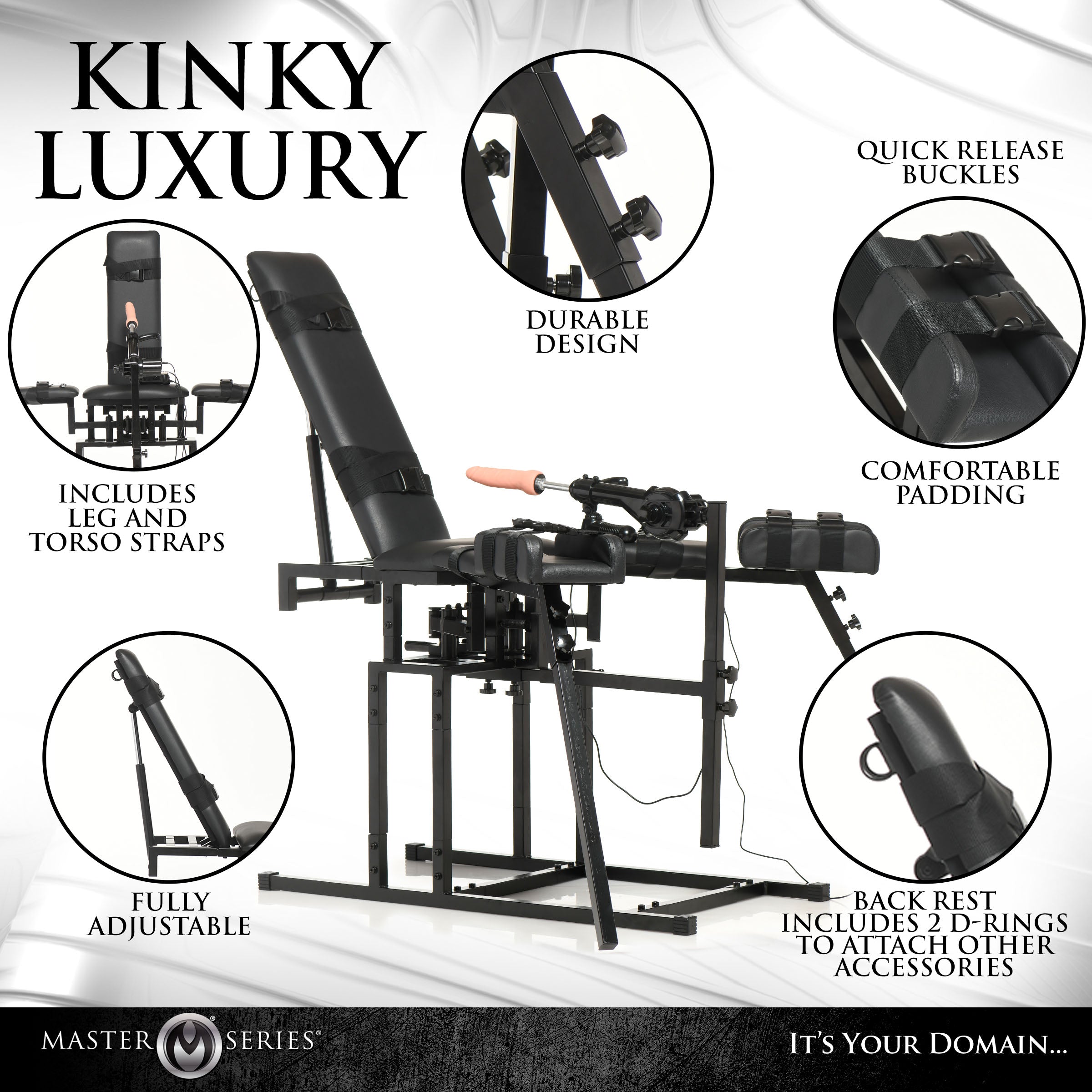 Advertisement showcasing the Leg Spreader Obedience Chair with Sex Machine