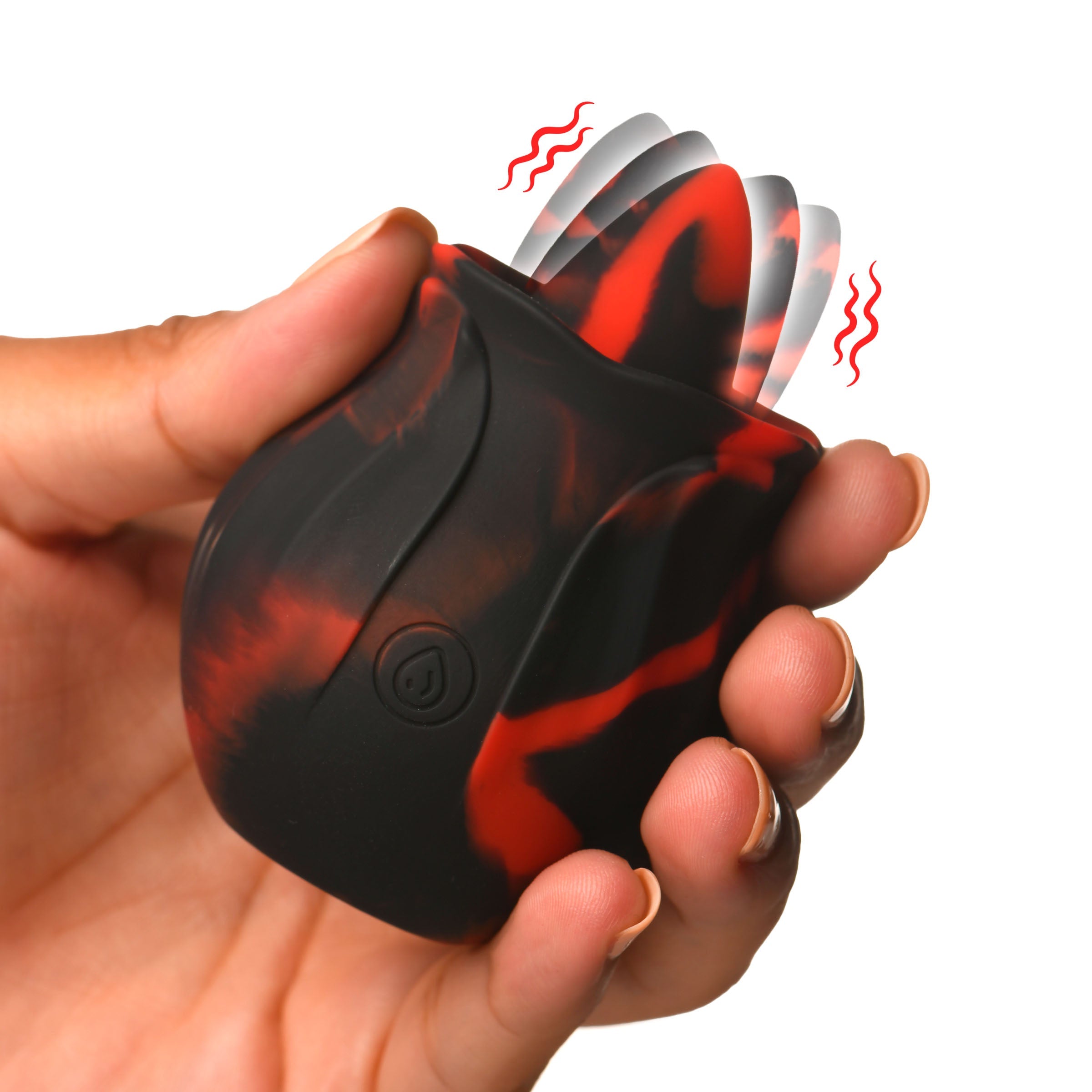 Hand displaying the Black Kiss Rimming Rose vibrator in black and red