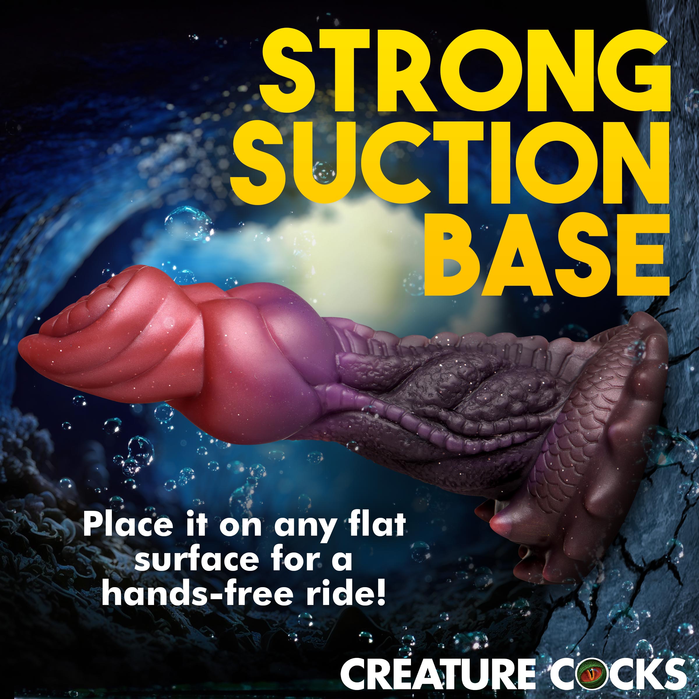 Advertisement showcasing the strong suction base of the silicone dildo