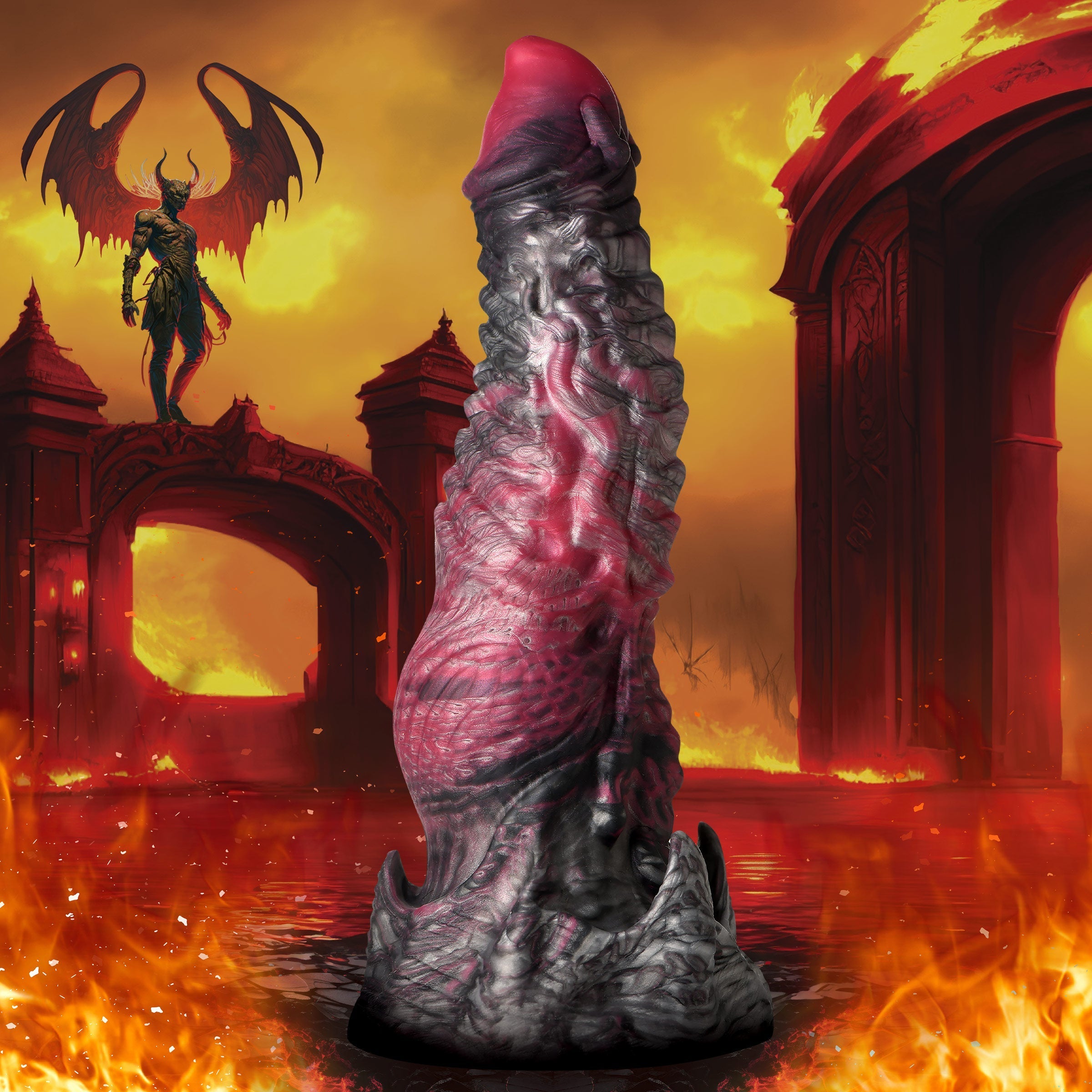 Detailed view of Hades Silicone Dildo featuring red and black design