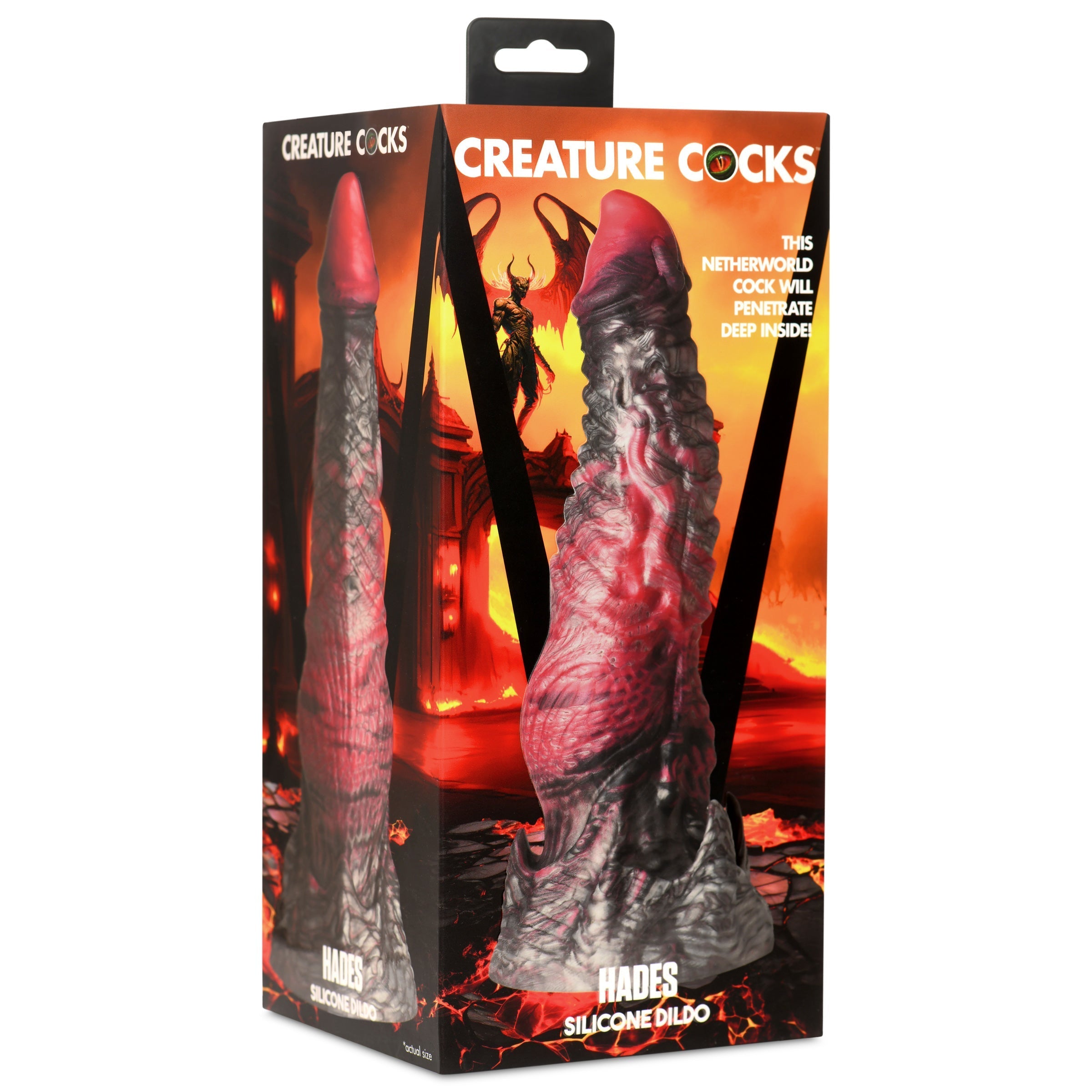 Hades Silicone Dildo in original packaging with product branding