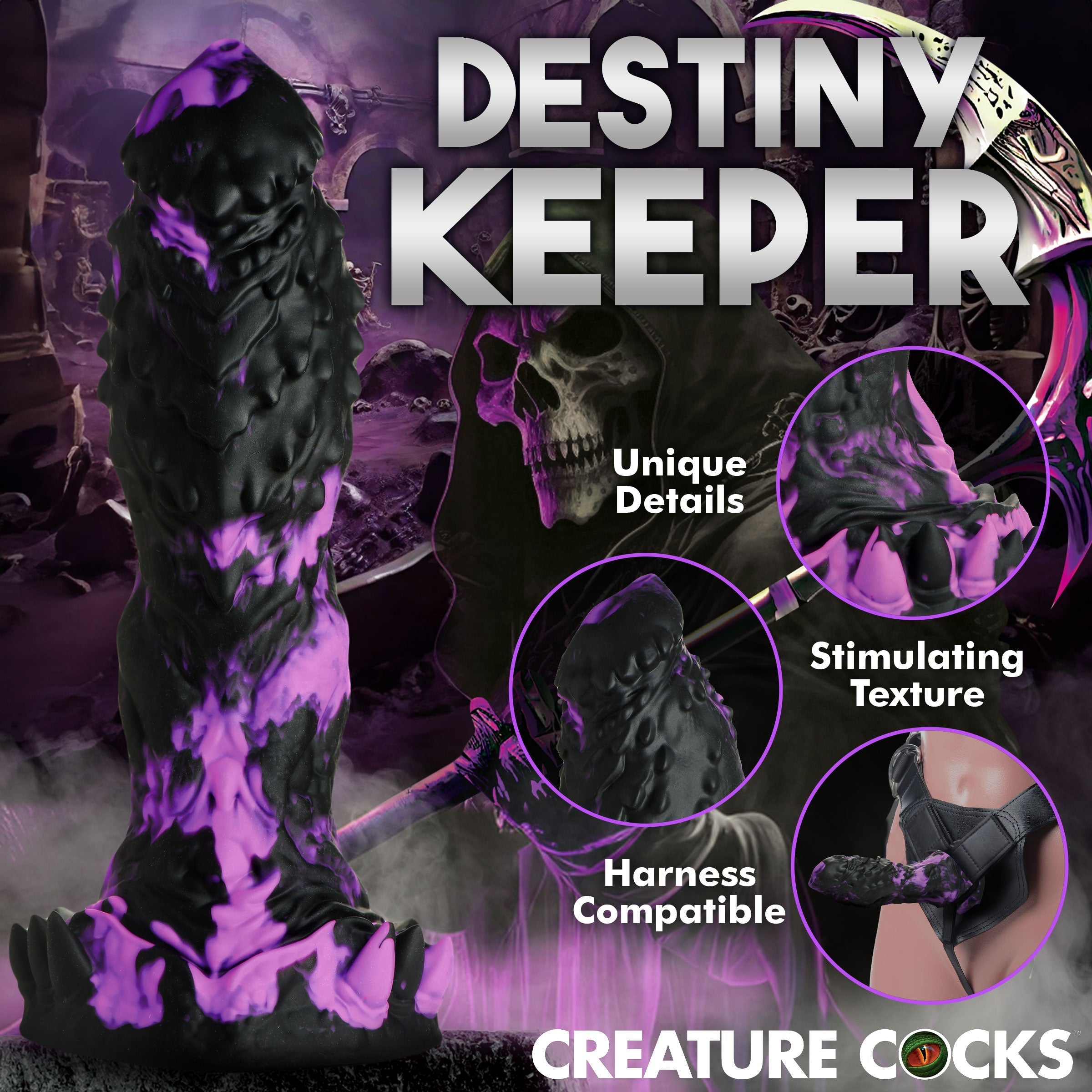 Destiny Keeper Grim Silicone Dildo in purple and black