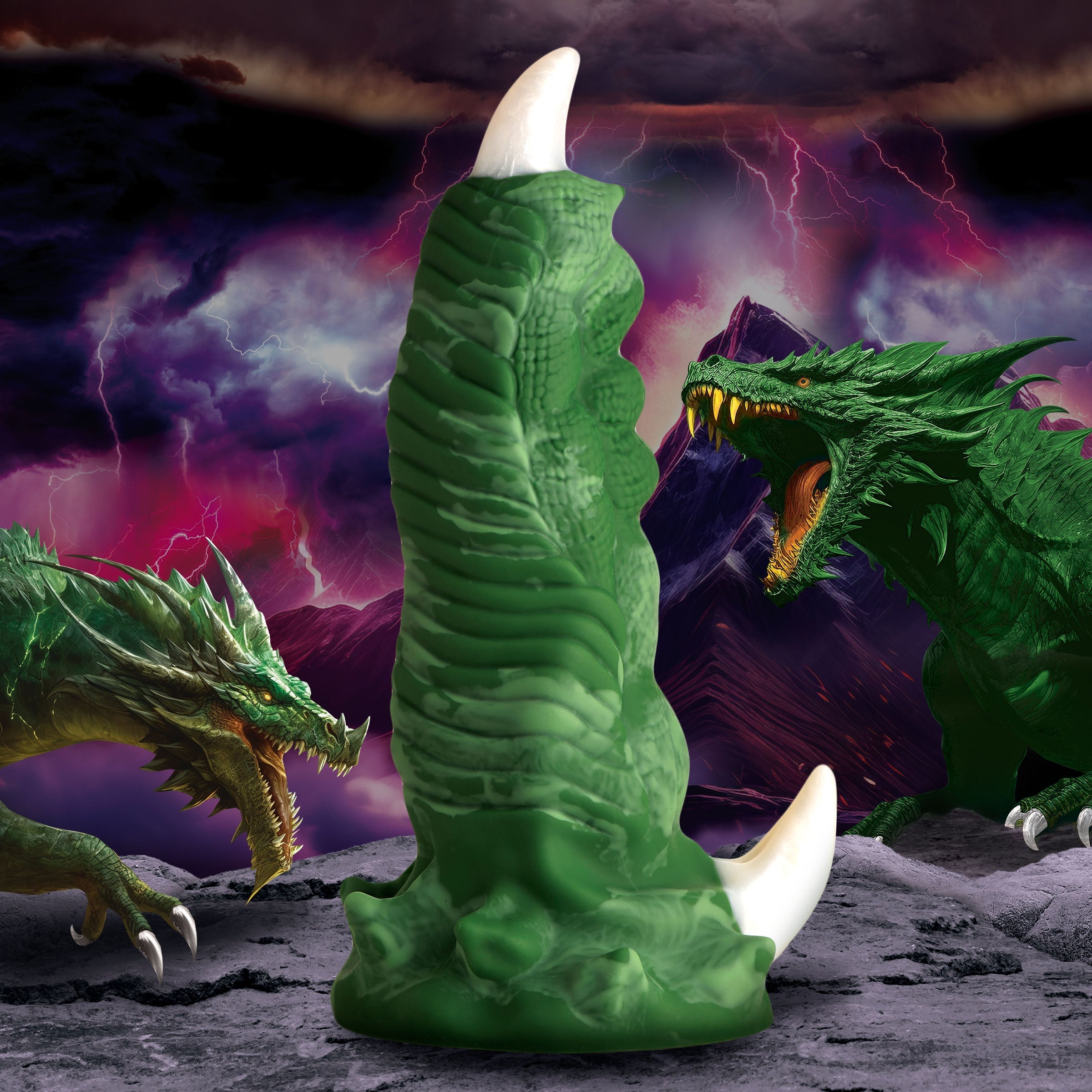 Textured dragon claw dildo in green silicone