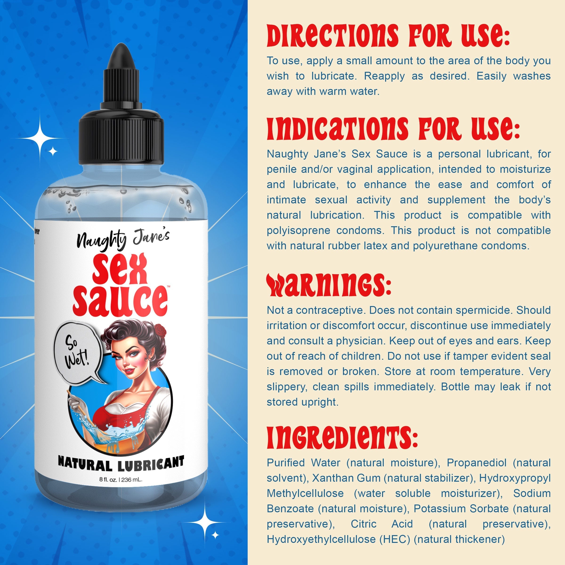 Naughty Jane's Sex Sauce Natural Lubricant bottle with instructions on how to use