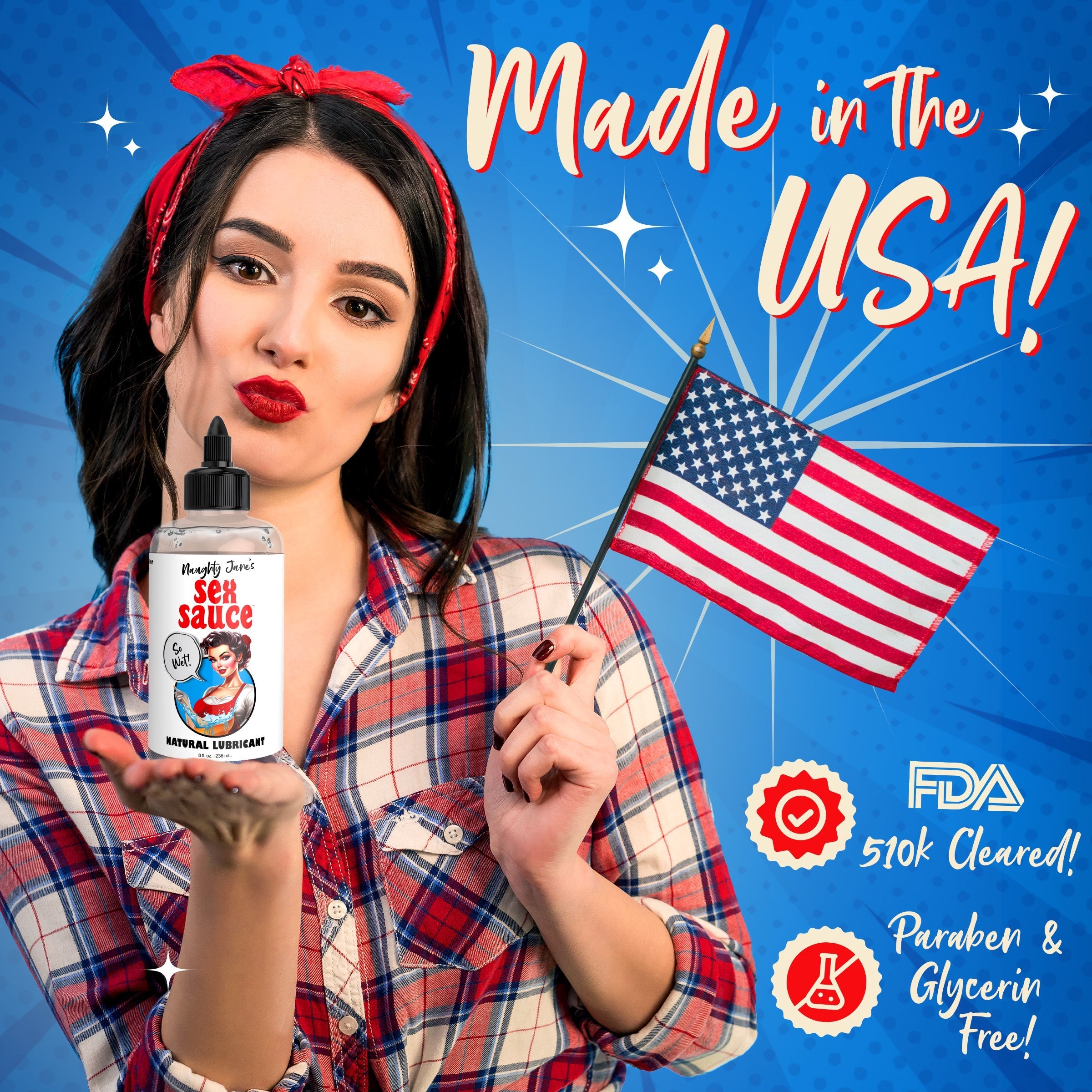 Woman holding a bottle of Naughty Jane's Sex Sauce Natural Lubricant with a patriotic theme