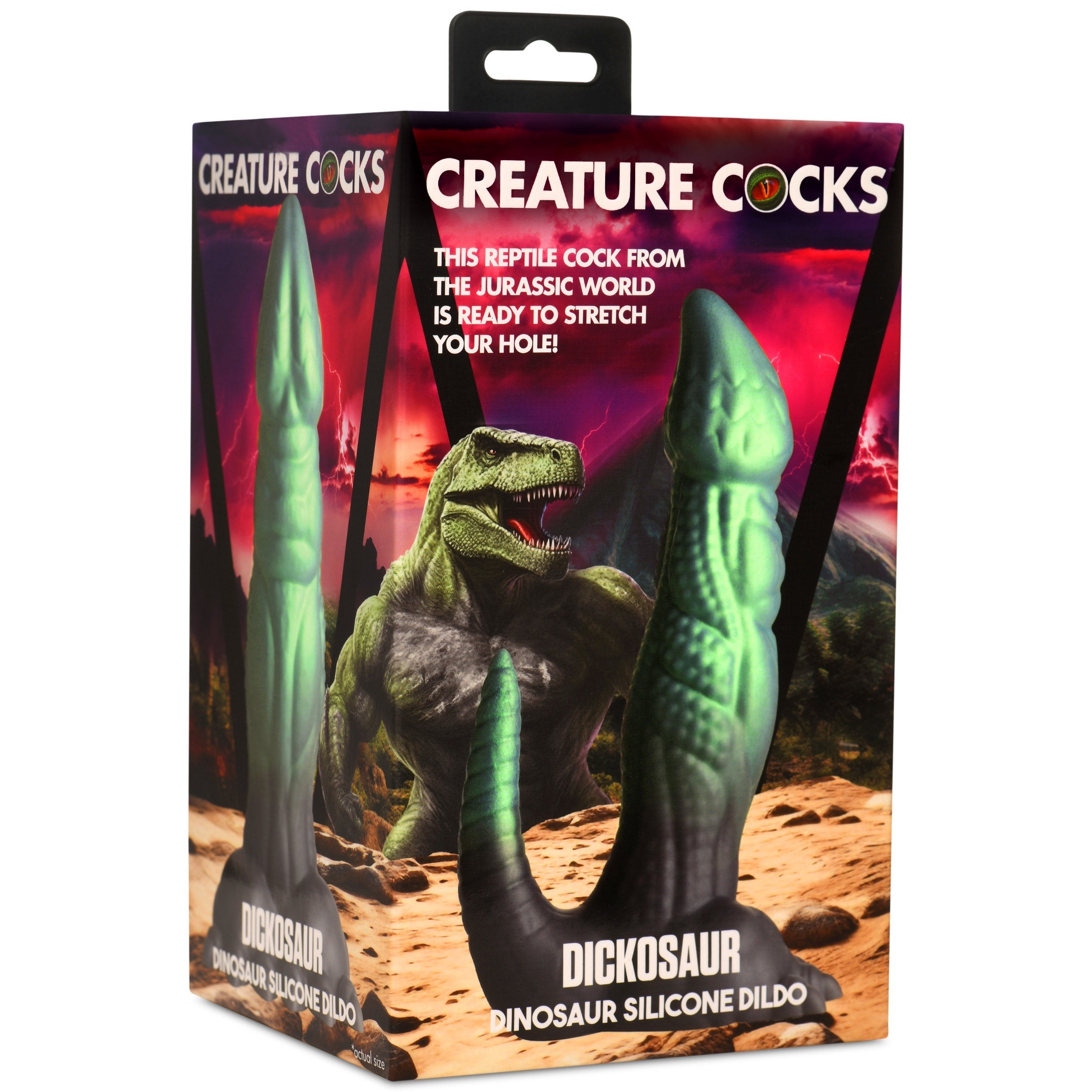 Dinosaur-themed silicone dildo in its packaging