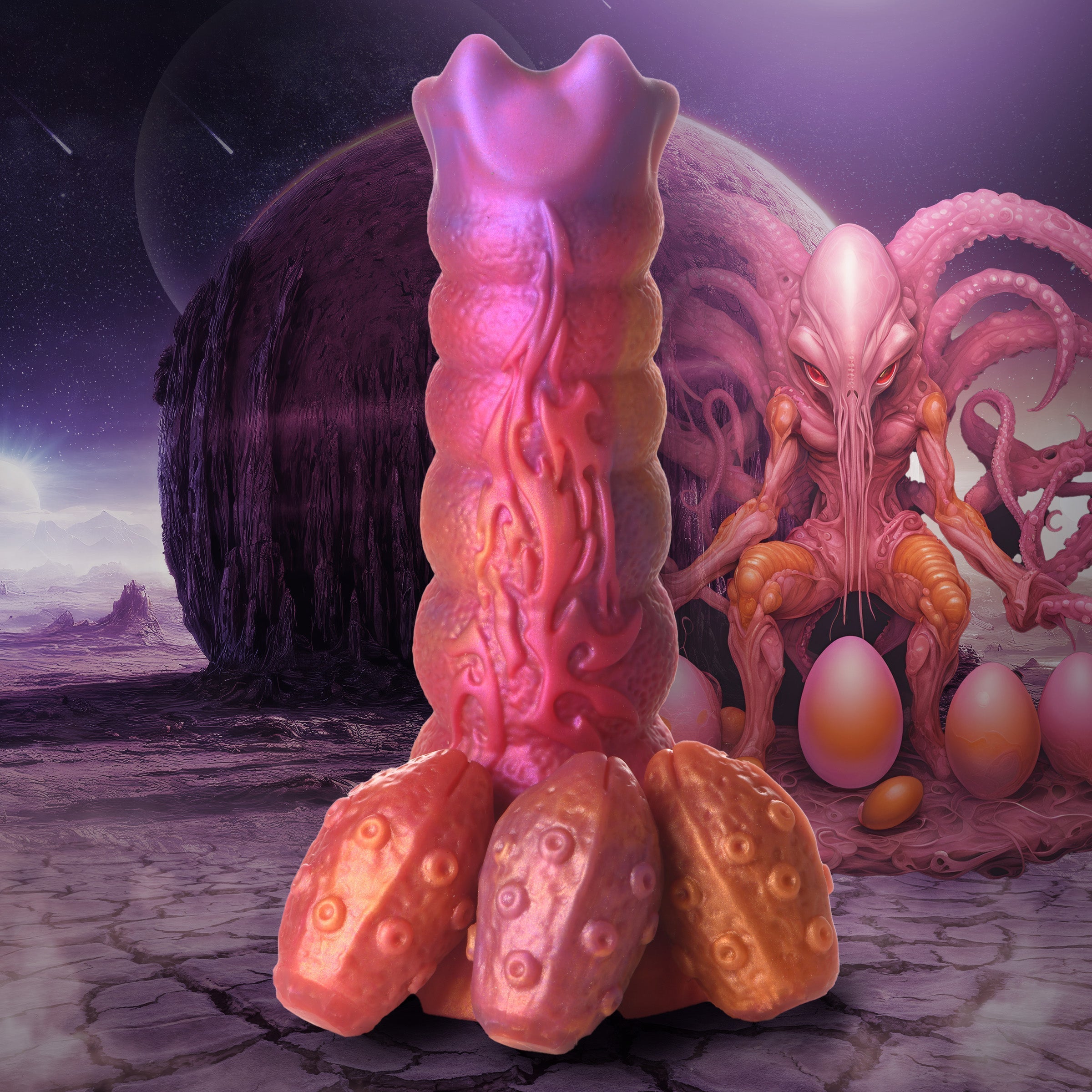 Detailed image of the Nymphoid Ovipositor Silicone Dildo with egg-shaped texture