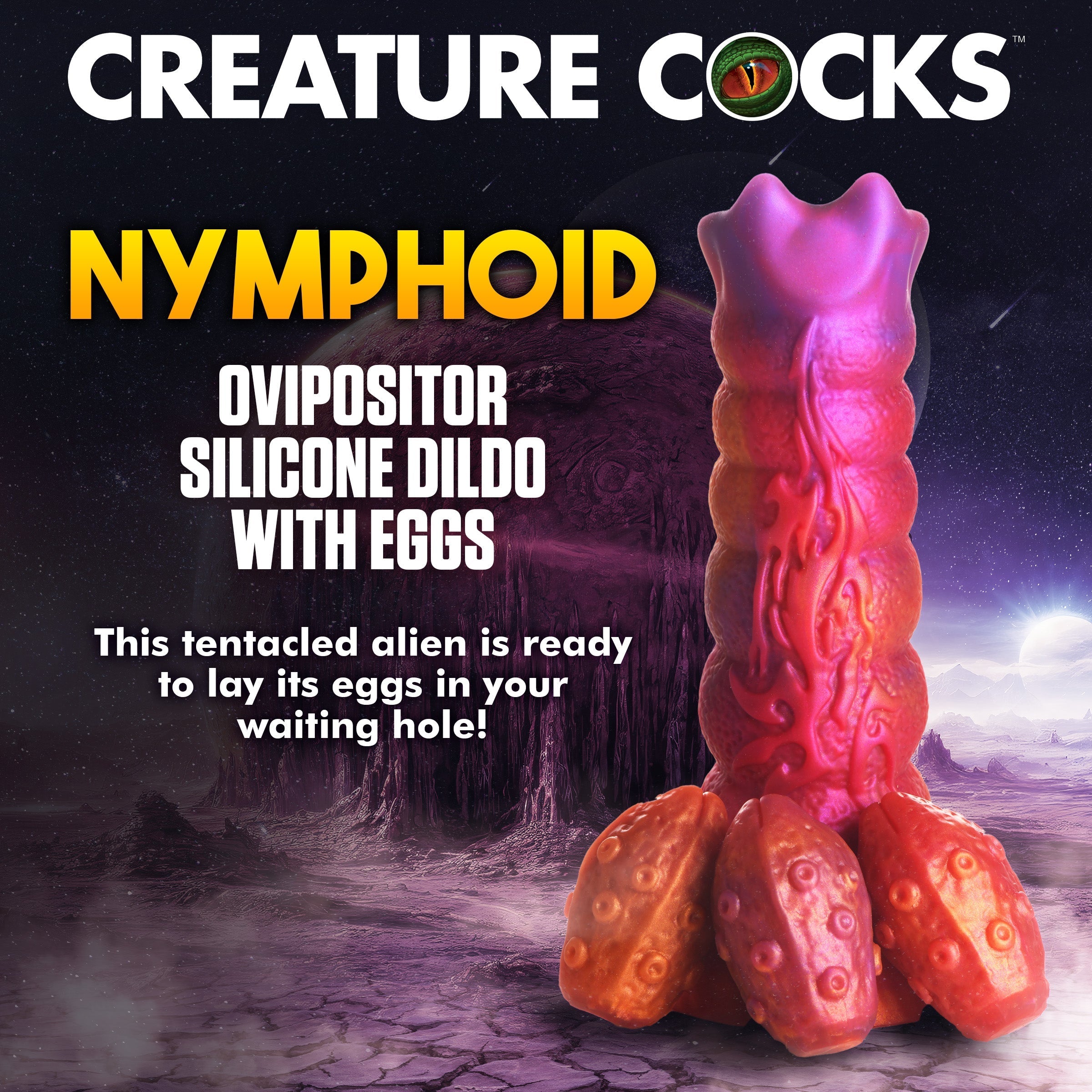 The Nymphoid Ovipositor Silicone Dildo featuring its unique purple and pink coloration