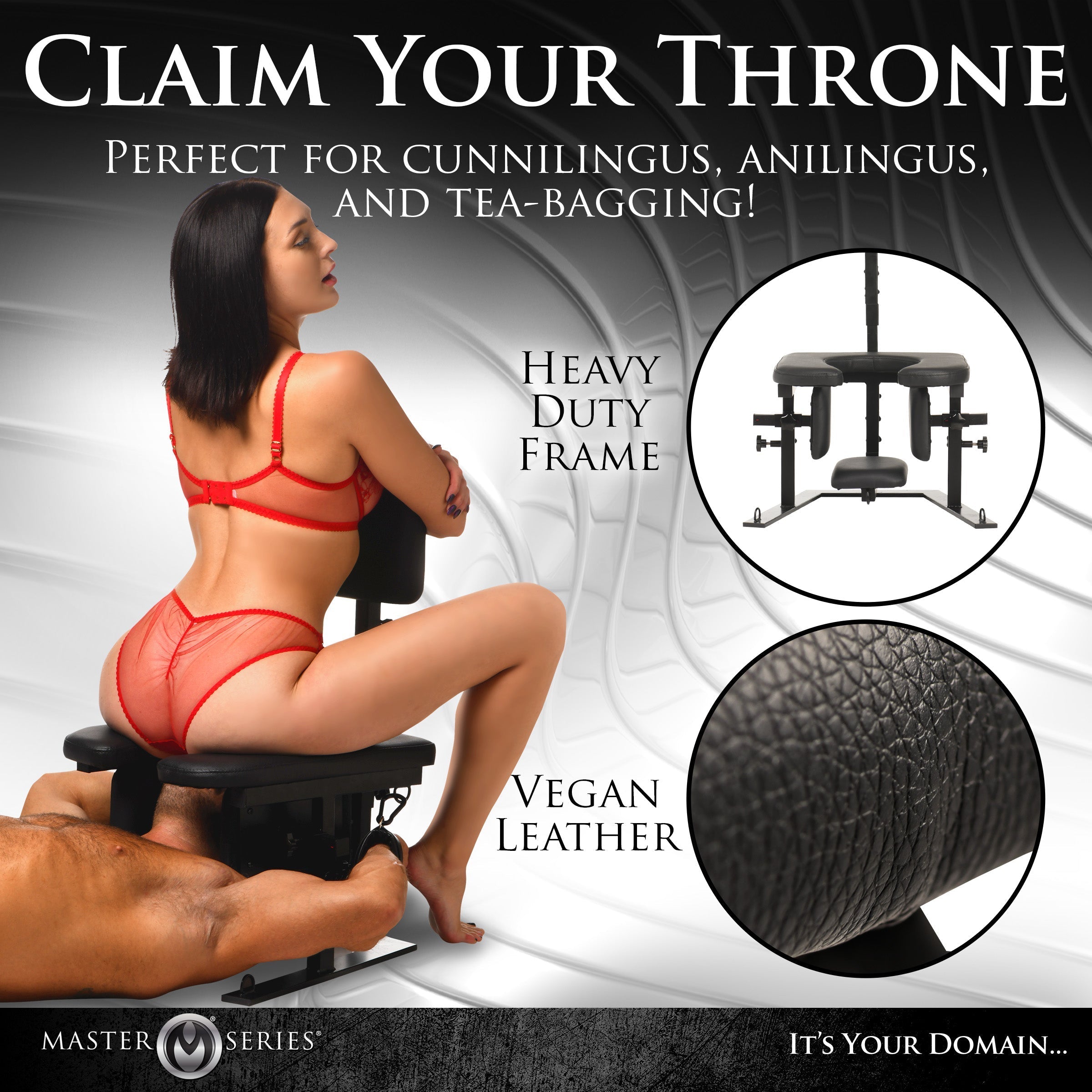 A woman in lingerie on the Pleasure Throne Chair with the inscription 'Claim Your Throne'