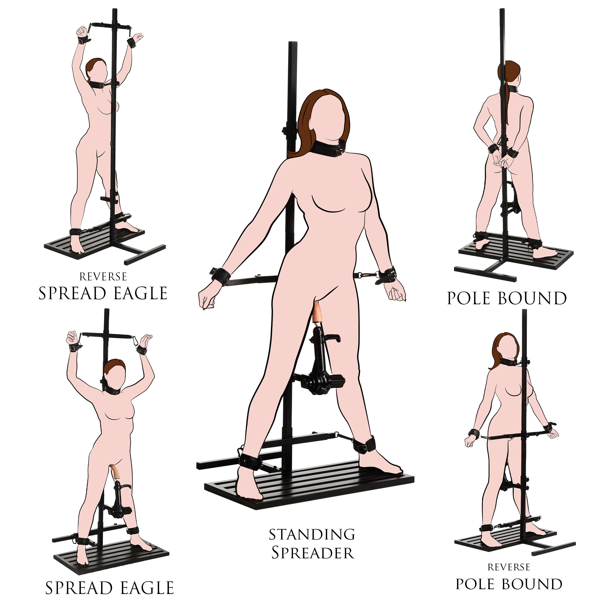 Illustrative guide showcasing various positions with the Ultimate Enforcer Forced Orgasm Tower