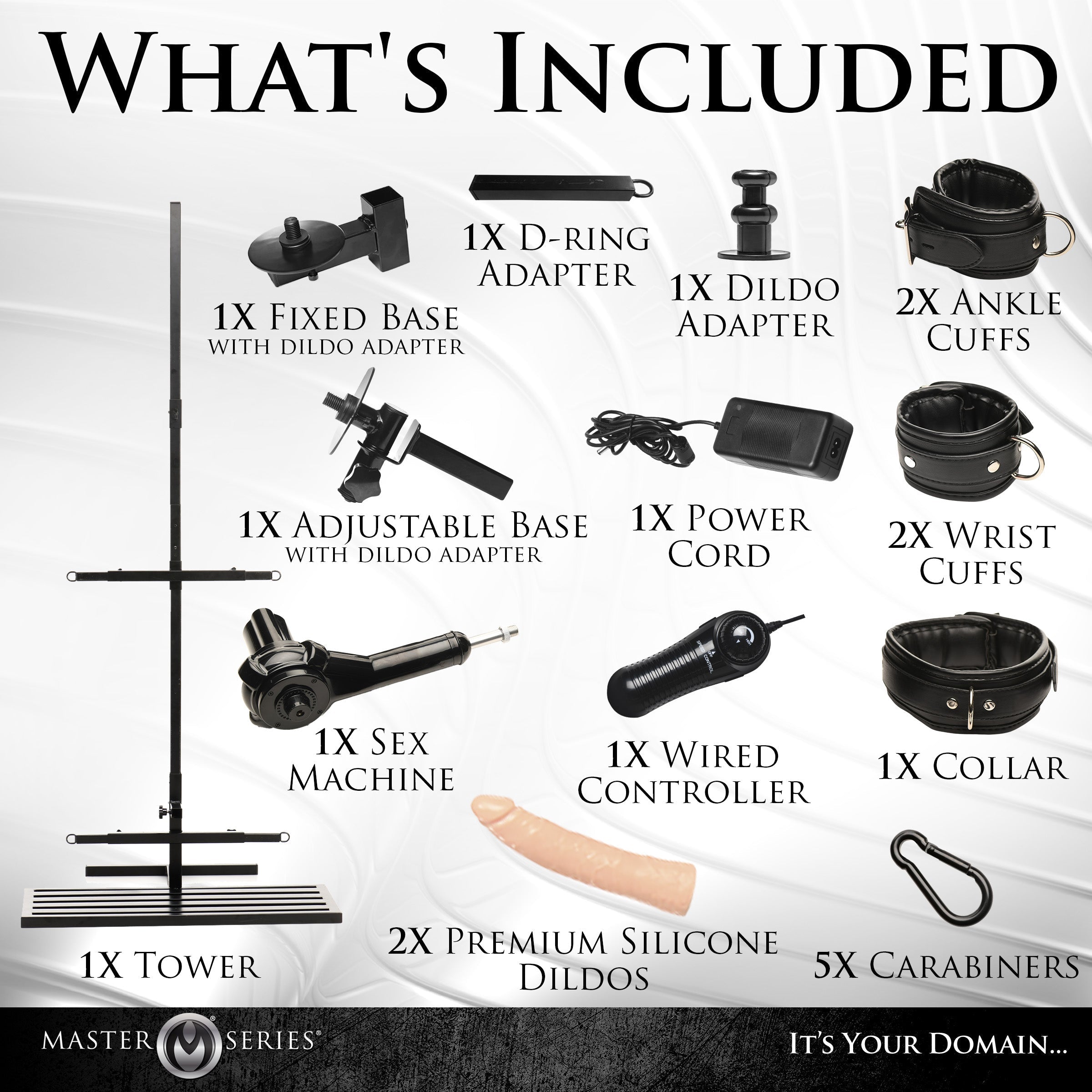 Assorted accessories included with the Ultimate Enforcer Forced Orgasm Tower